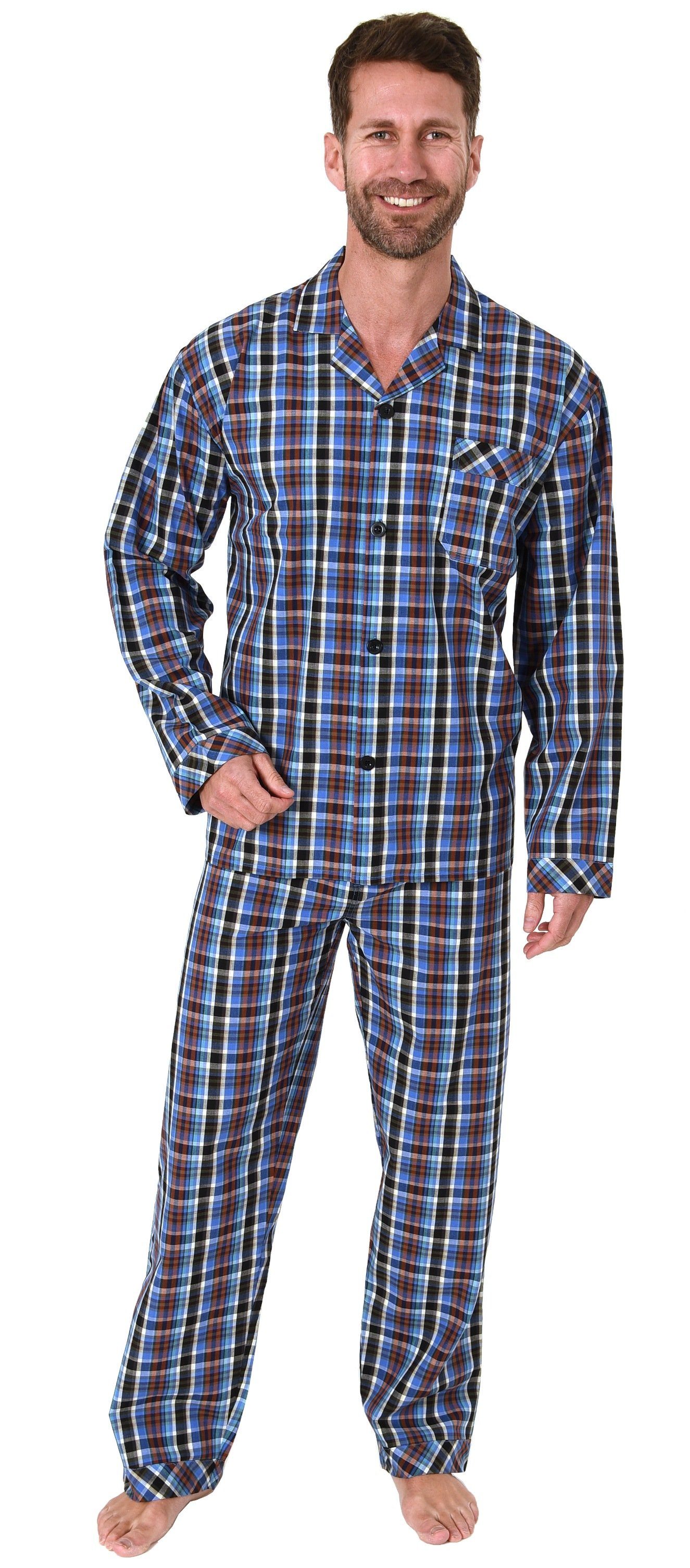Normann Pyjama Herren Schlafanzug langarm gewebt zum Knöpfen im eleganten  Design