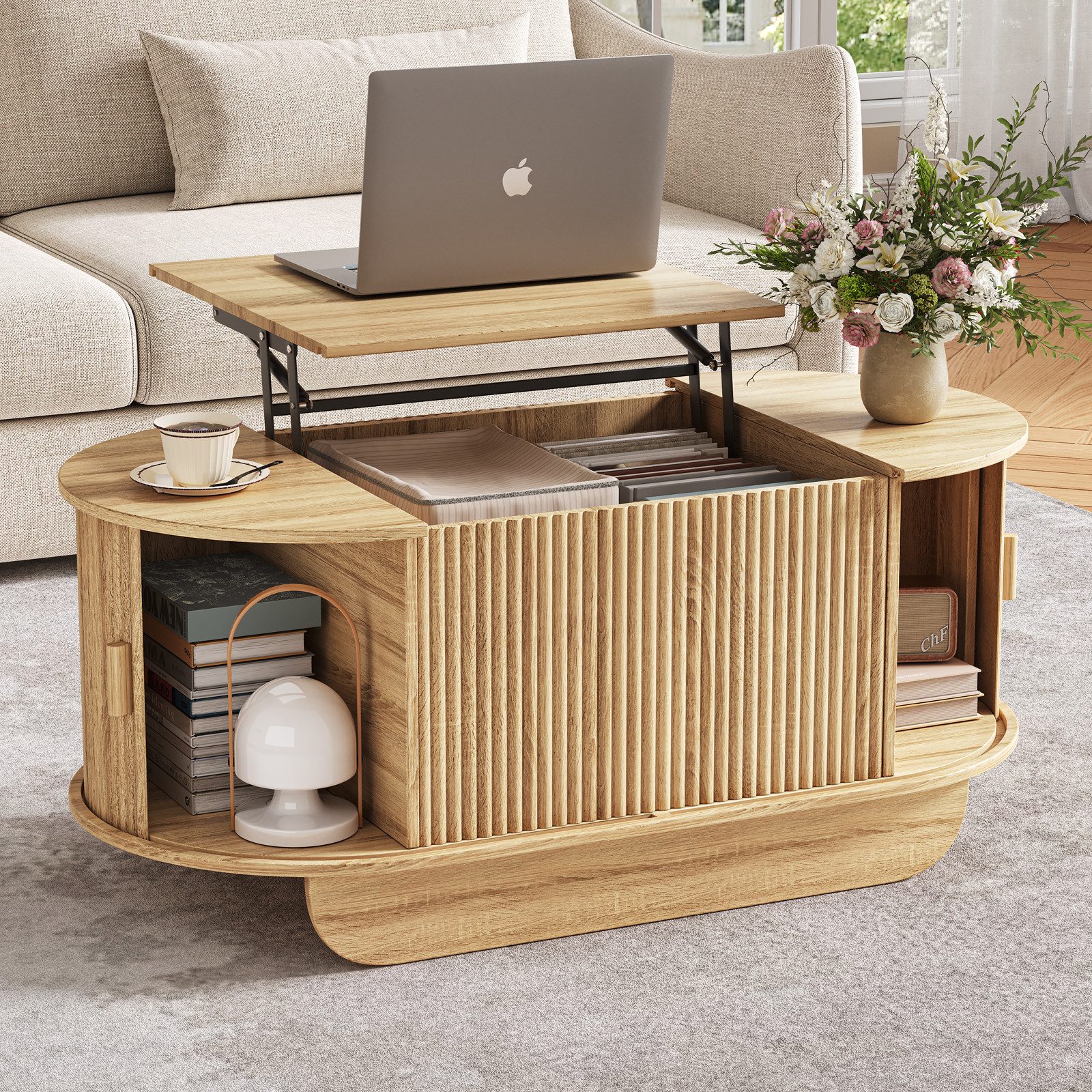 SVEYLXA Couchtisch Höhenverstellbarer Couchtisch mit Hebetischplatte & Schiebetüren (1-St), aus MDF mit wasserabweisender Oberfläche & stabilen Beinen