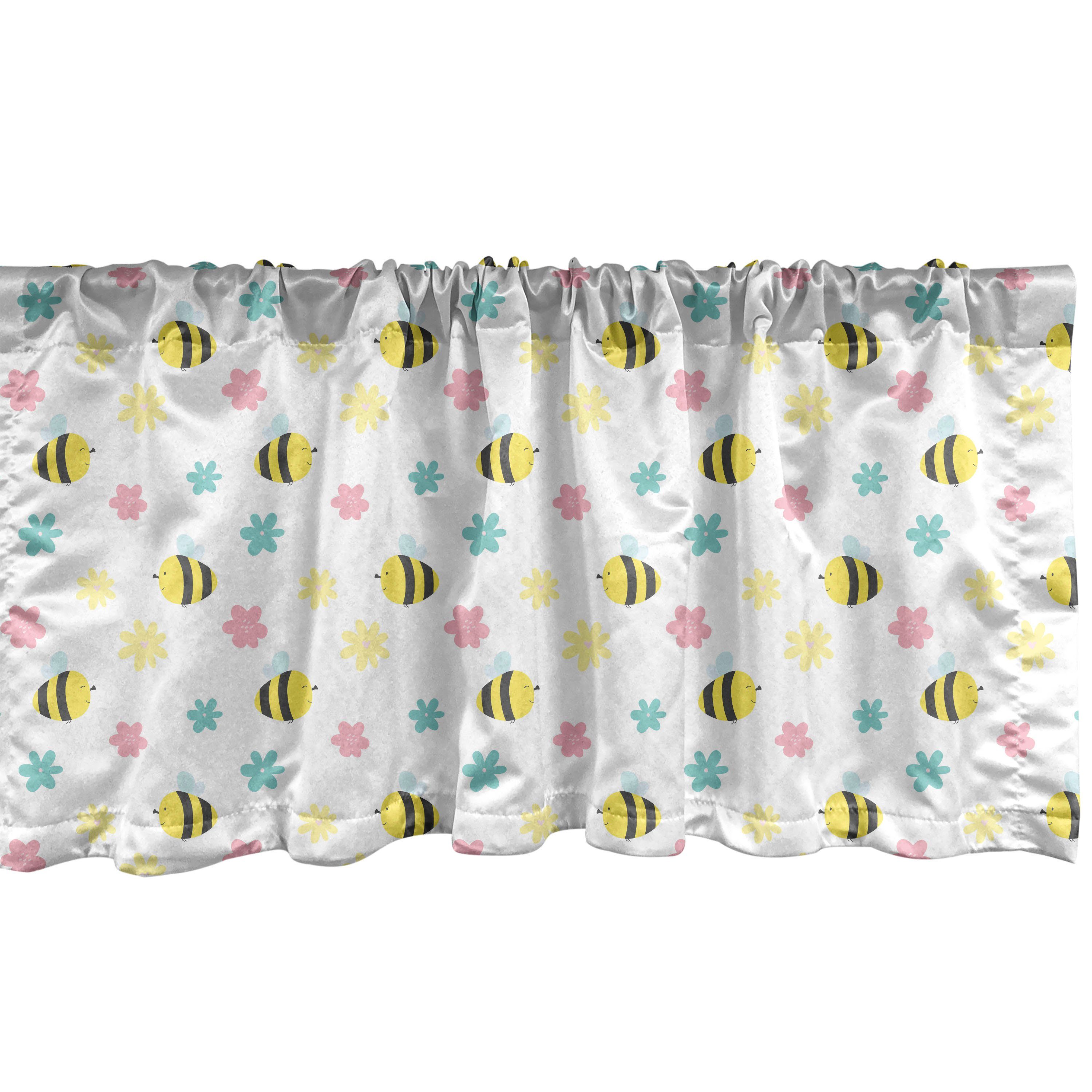 Scheibengardine Vorhang Volant für Küche Schlafzimmer Dekor mit Stangentasche, Abakuhaus, Microfaser, Honey Bee Frühlings-Zeit-Blumen-Szene
