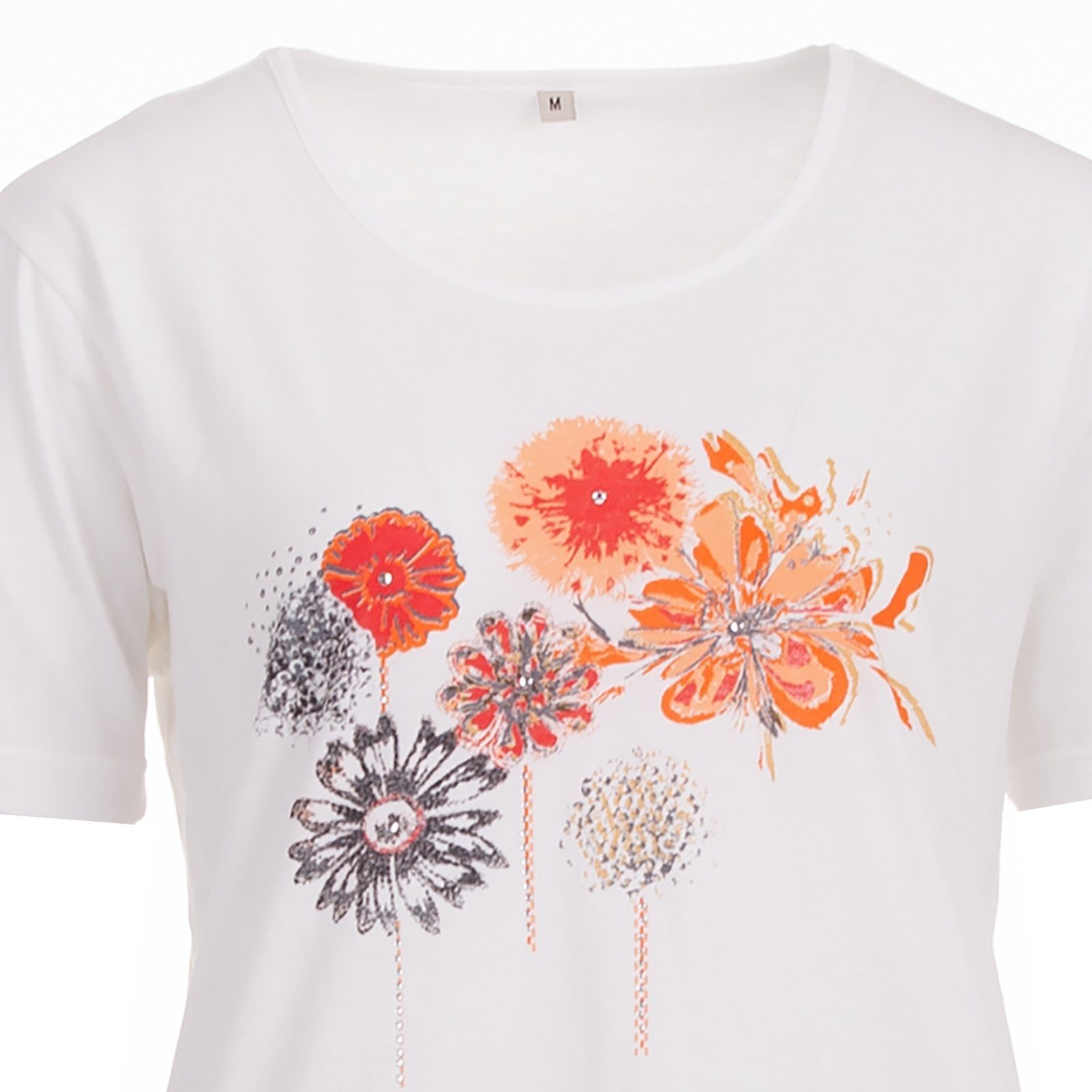 T-Shirt weiß Blume zeitlos T-Shirt Kurzarm Stein Applikation Rundhals zeitlos