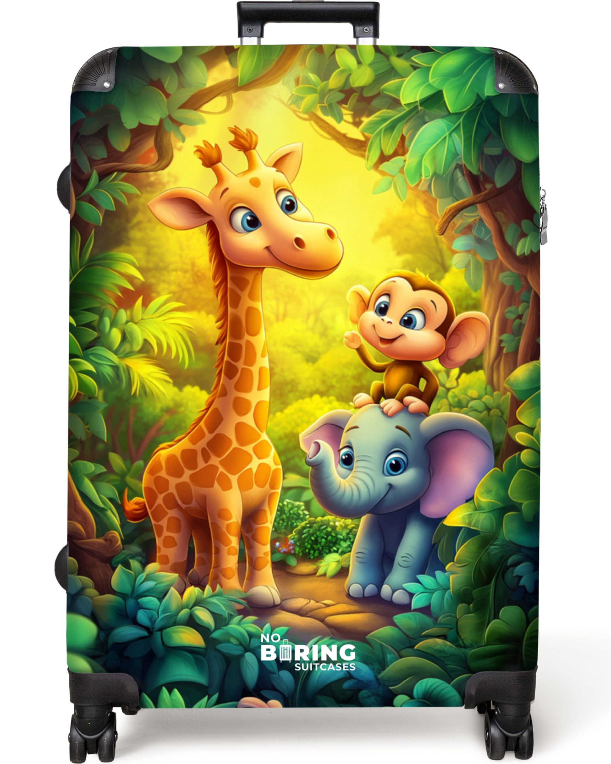 NoBoringSuitcases.com© Kinderkoffer Giraffe, Elefant und Affe im Wald 77 cm - 98 L, 8 Rollen, Großer Reisetasche mit Rollen für 30kg, Kinderkoffer