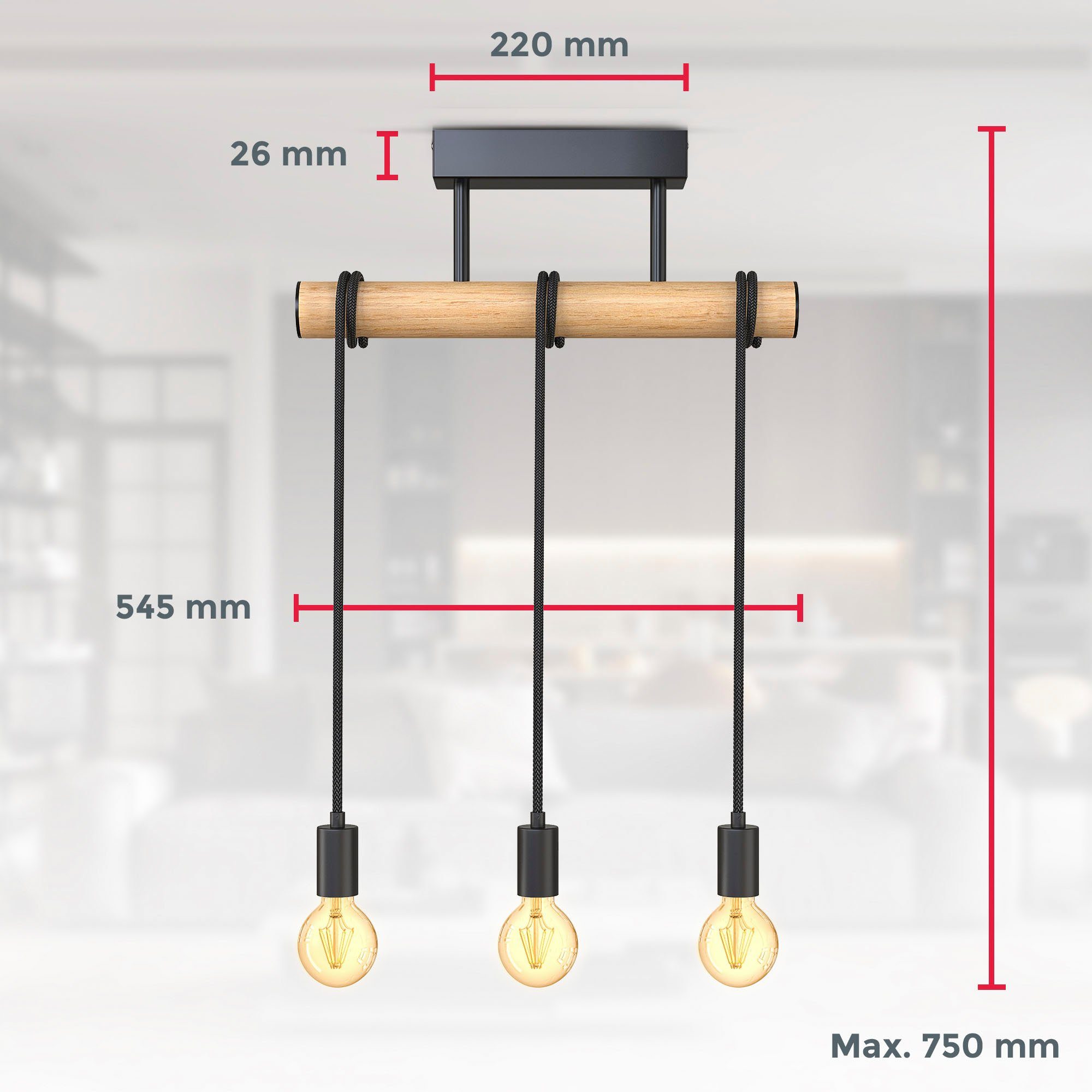 L: Holz-Pendellampe, 60W, ohne Esstischlampe, Pendelleuchte max. B.K.Licht mit Textilkabel, BK_PL1392 E27-Fassung, Leuchtmittel, Leuchtmittel, ohne 54,5cm 3x