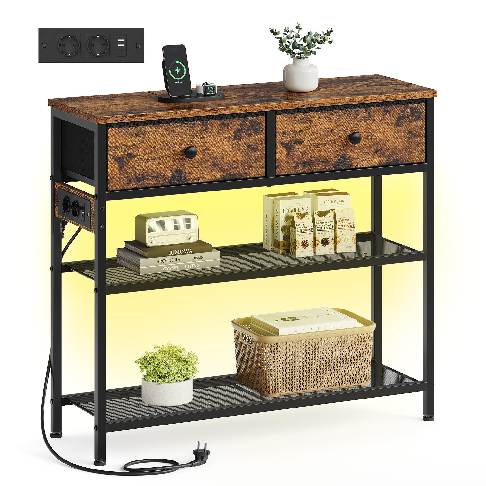 SONGMICS Konsolentisch Beistelltisch mit 2 Gitterablagen, Wohnzimmer, Eingangsbereich, Flur, mit LED-Beleuchtung, Steckdose, 2 Stoffschubladen, 30 x 76,7 x 78,7 cm