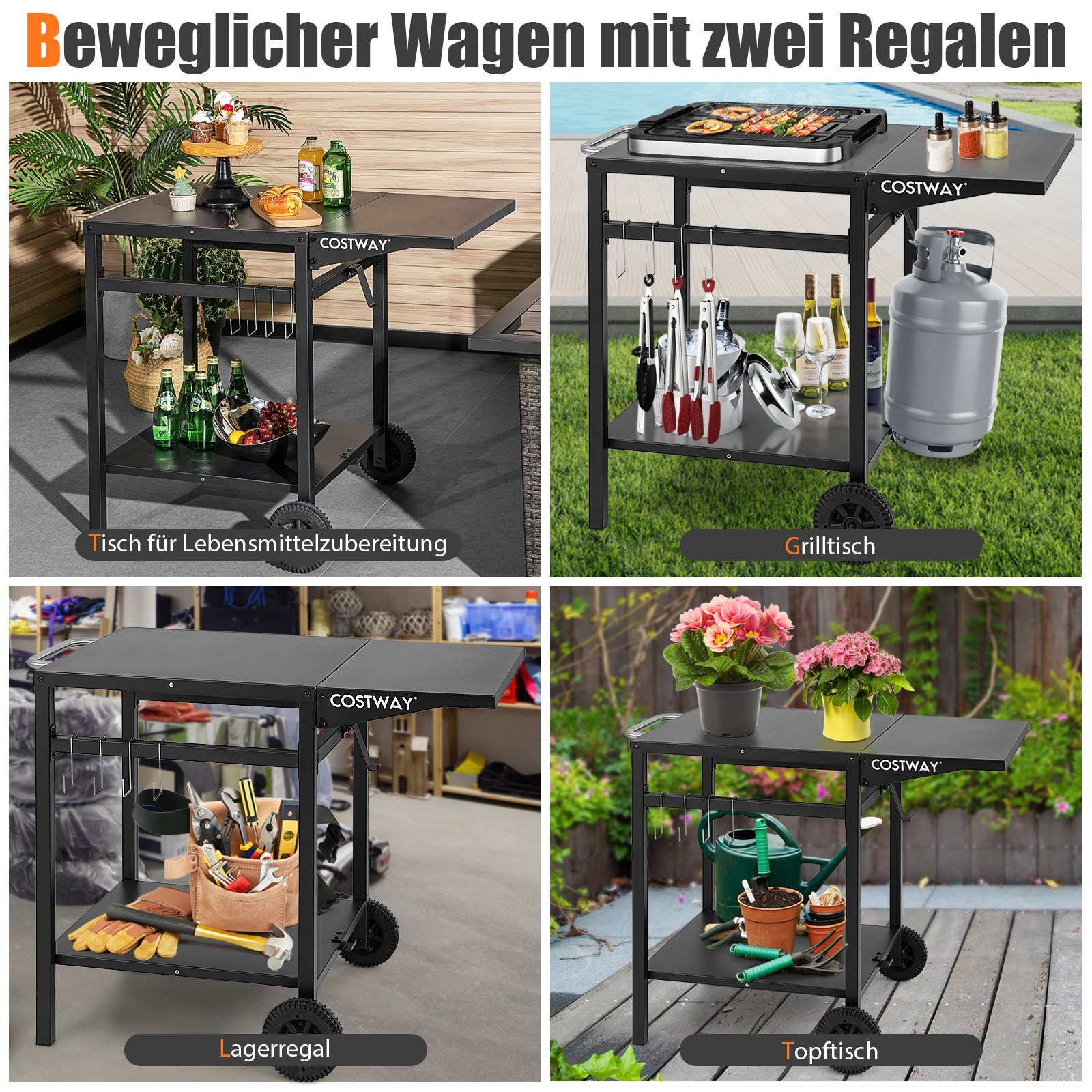 COSTWAY Grillablagetisch, mit 2 Ablagen, 4 Haken & klappbarer Tischplatte
