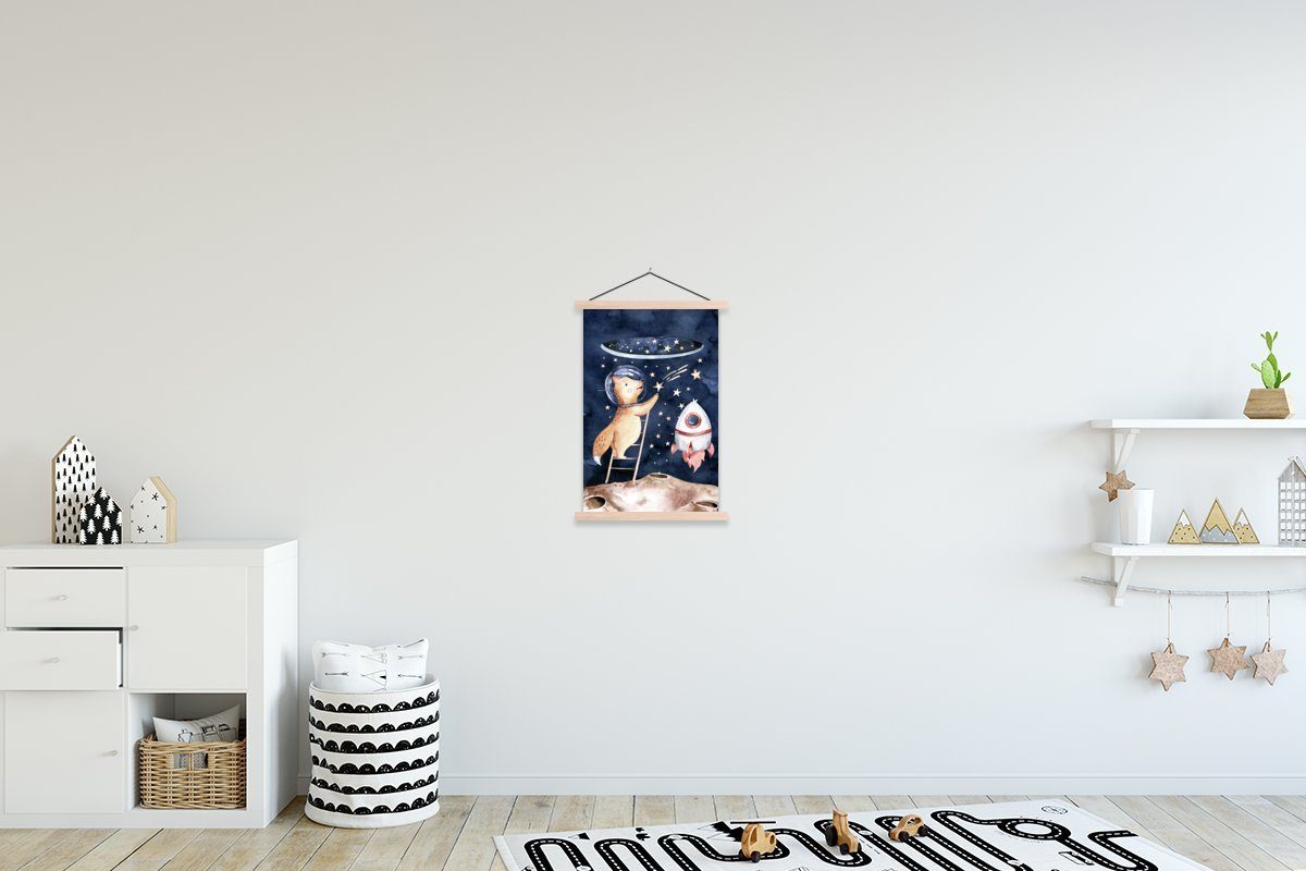 MuchoWow Poster Weltraum - Rakete - Fuchs - Jungen - Mädchen - Kind, (1 St), Posterleiste, Textilposter für Wohnzimmer, Bilderleiste, Magnetisch