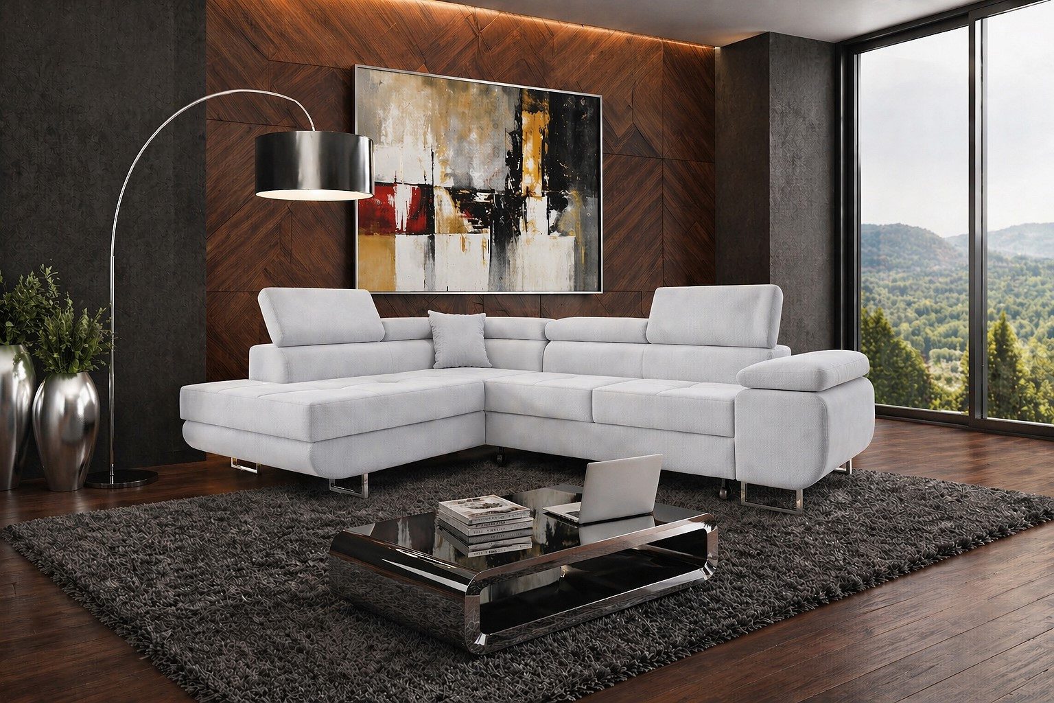 M-Punkt24 Ecksofa DUBAI, Samtstoff, Ottomane rechts oder links, Kopfteilverstellung, Bettkasten