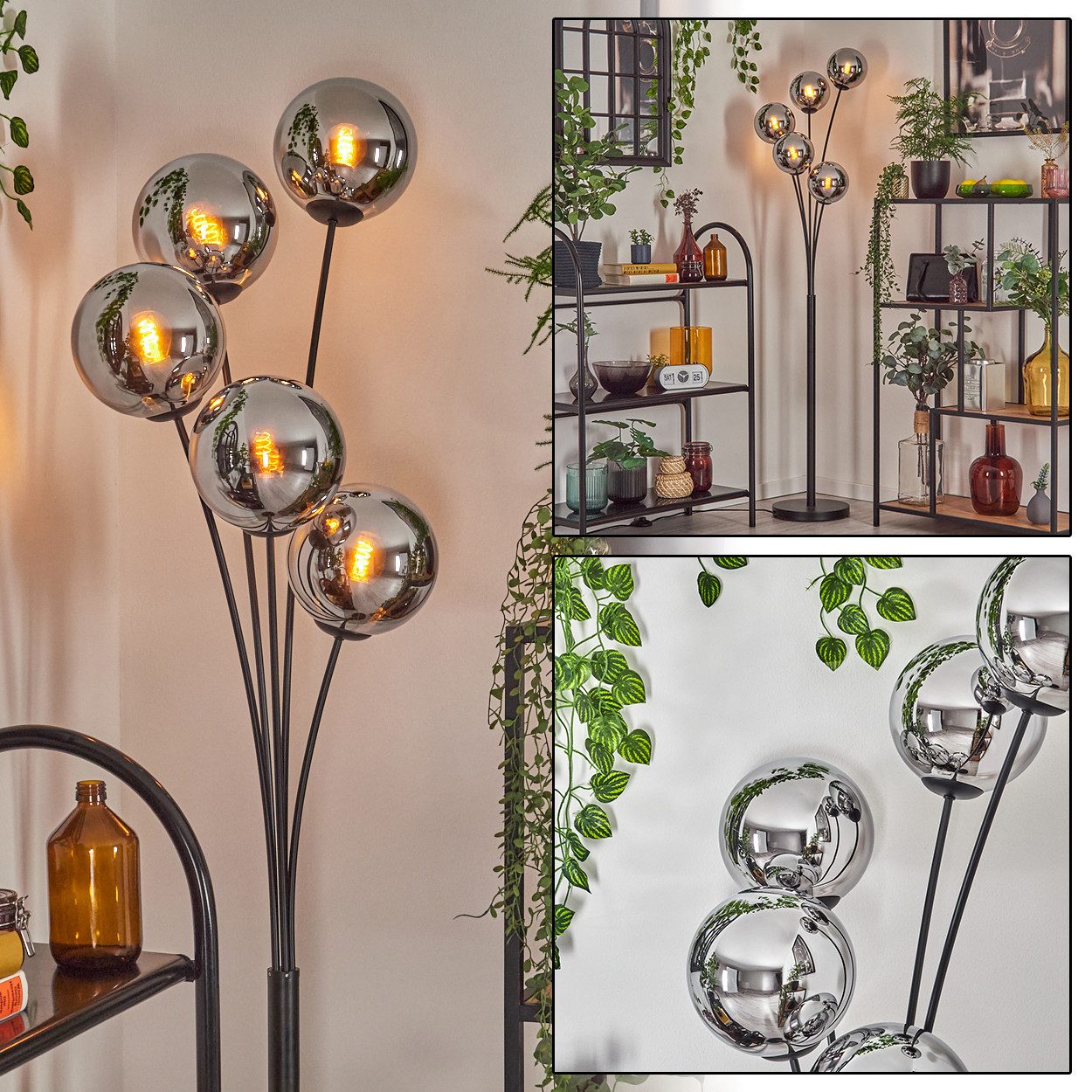 Stehlampe Stehlampe aus Metall/Glas in Schwarz/Chrom/Rauch mit Fußschalter