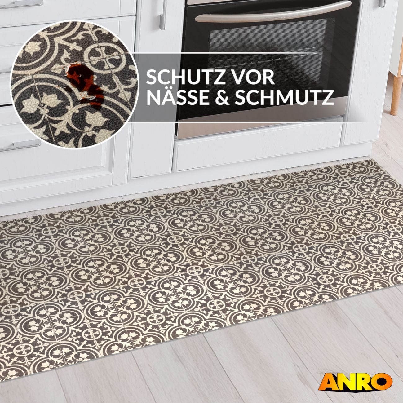 ANRO Küchenläufer Premium Arabesk RUNNA Läufer Küchenteppich Stoff-Teppich, Rechteckig, Höhe: 3 mm, Stoff schmutzabweisend 67x100cm Vintage Schwarz robust – Bild 5 von 5