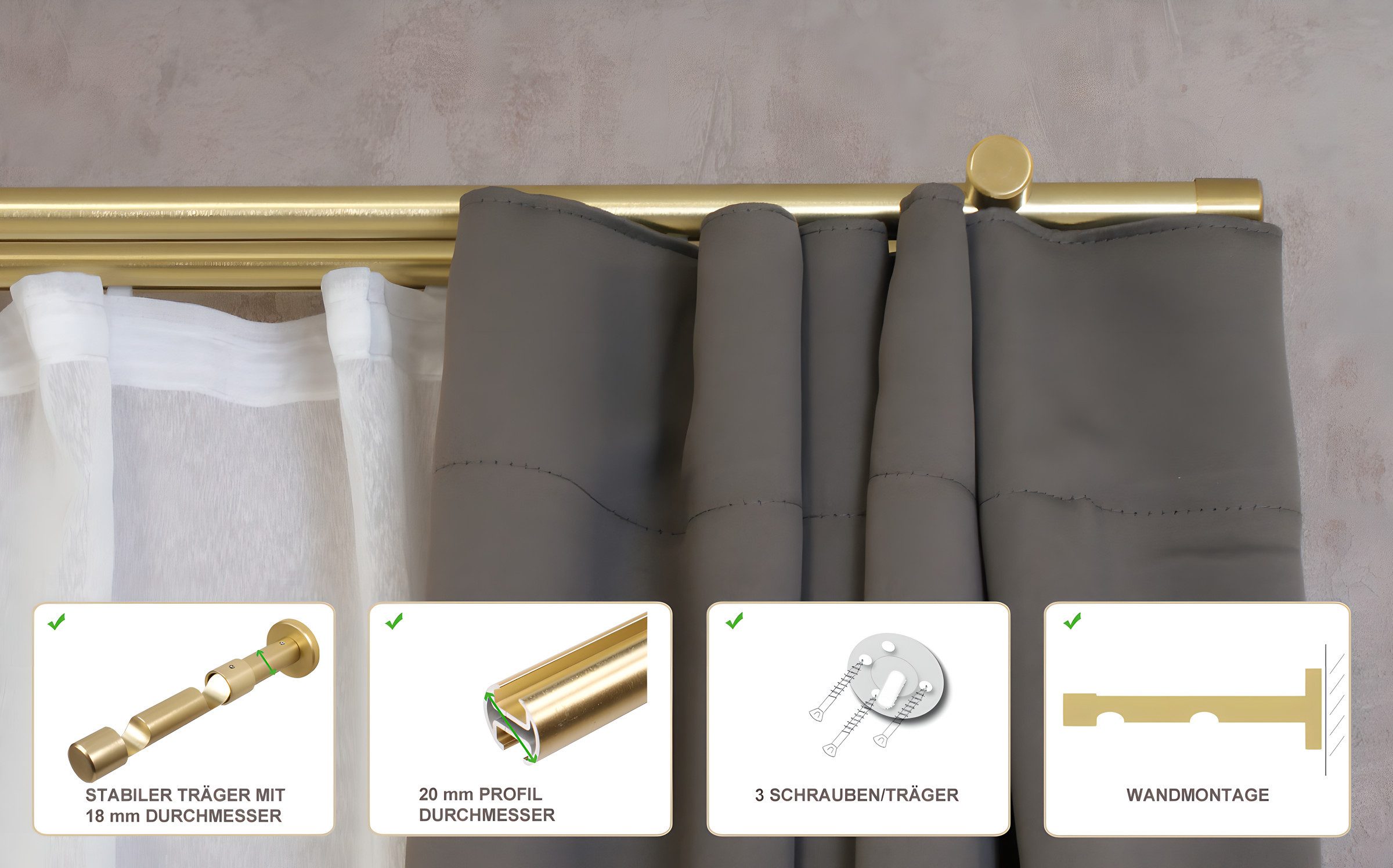 iso-design Gardinenstange Innenlauf 2-läufig Wandmontage 20 mm Farbe Messing matt Endstück Kappe, Ø 20 mm, 2-läufig, Fixmaß, mit Bohren, geschraubt, Metall, Innenlaufprofil mit Metallsäge kürzbar