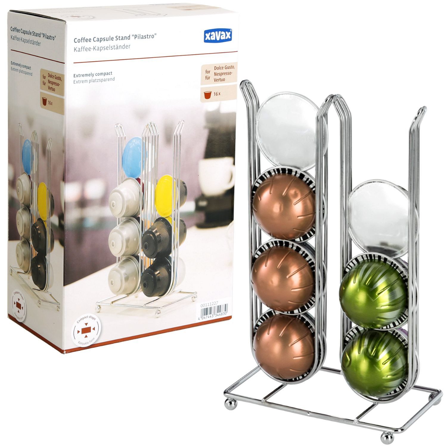 Xavax Kapselhalter Kapsel-Halter Halterung Ständer Pilastro Silber, Spender für 16x Dolce Gusto / Nespresso Vertuo Kaffee-Kapseln Caps