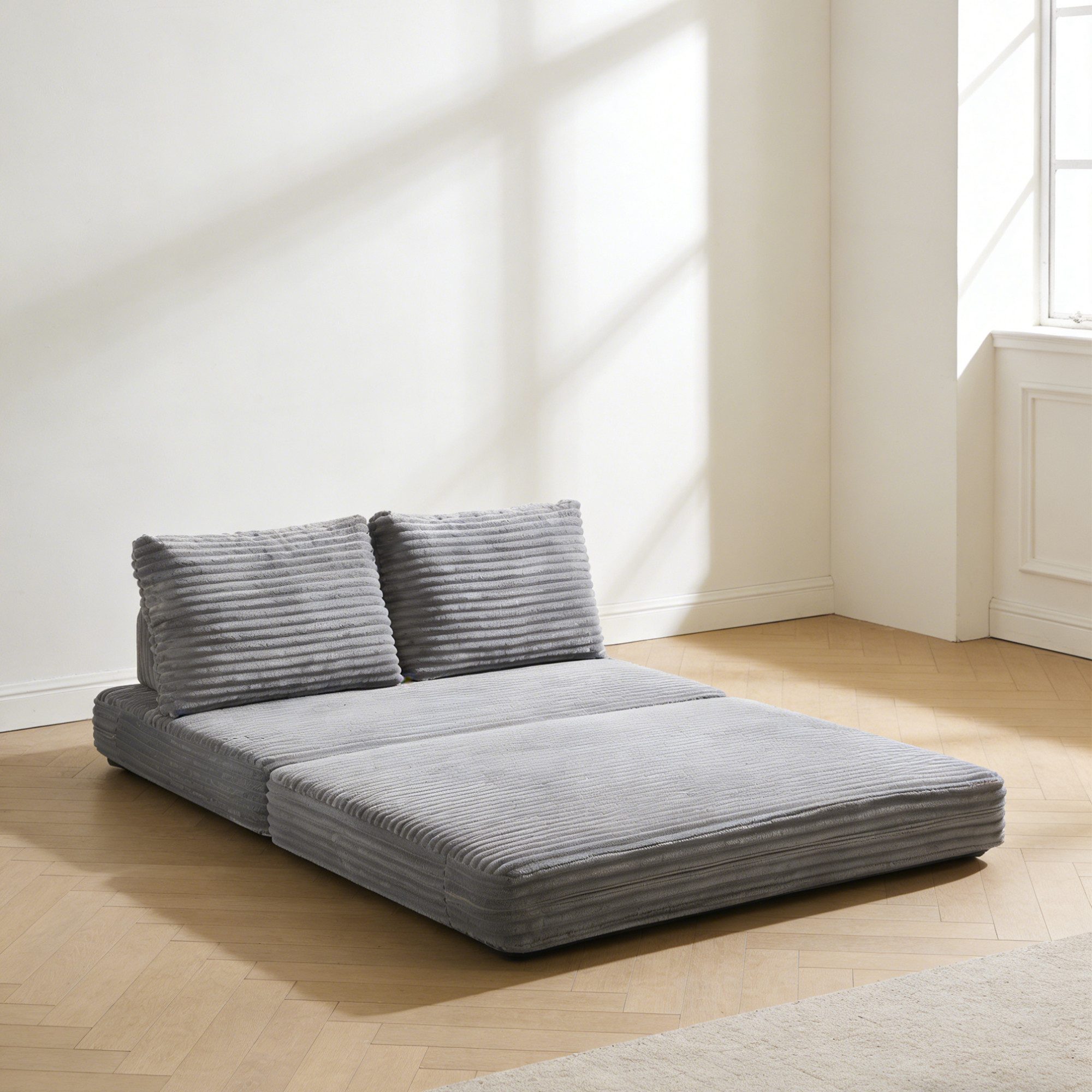 MODFU Schlafsofa Sofort nutzbar als Couch oder Gästeliege, Helles graues Sofabett aus Satin, kein Gestell nötig 1 Teile, Perfekt für kleine Wohnungen, Schlaf- und Arbeitszimmer