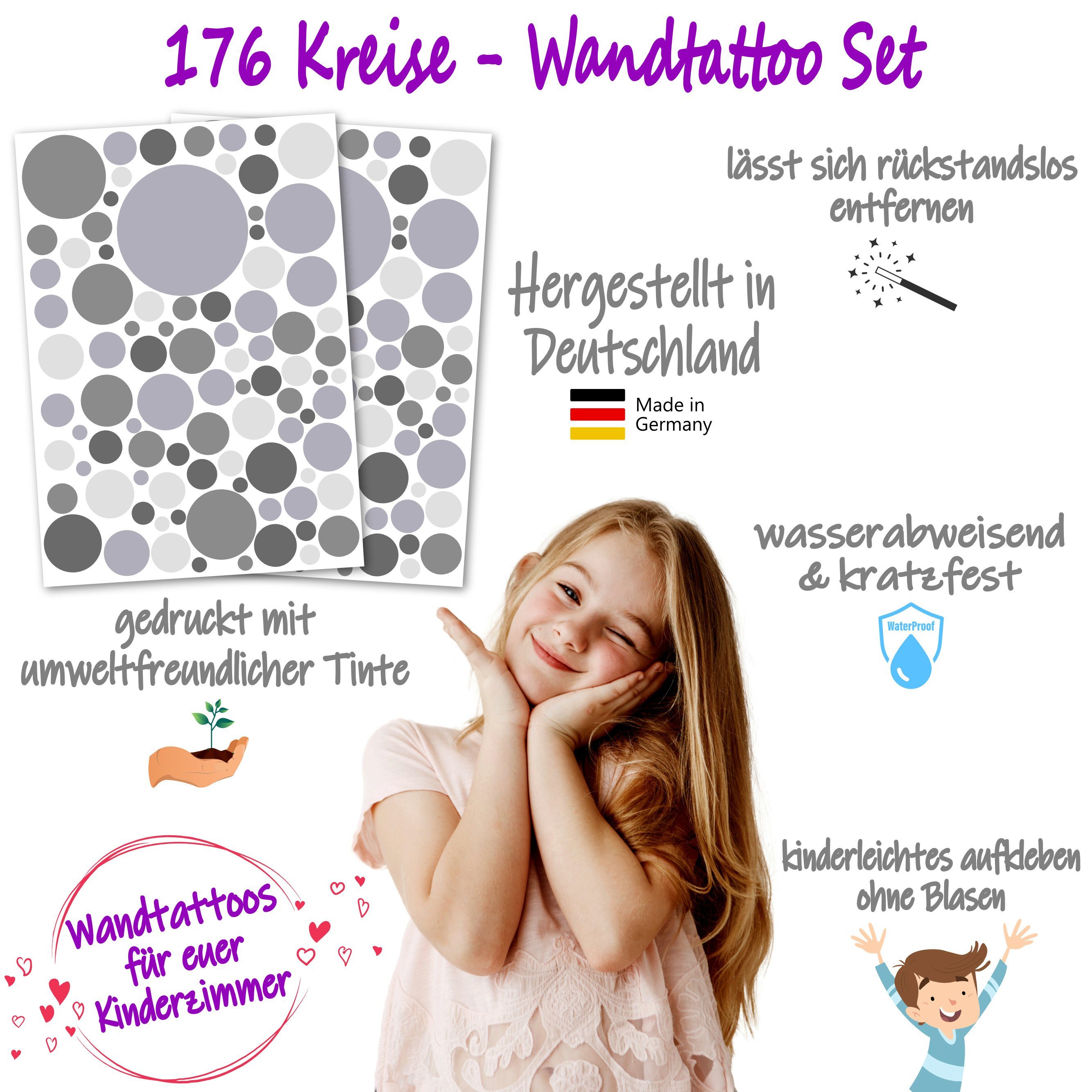 Kinderzimmer Wandtattoo Set Kreis PUNALU für Wandtattoo rückstandslos grau Stück Aufkleber, 176 abziehbar Babyzimmer selbstklebend,