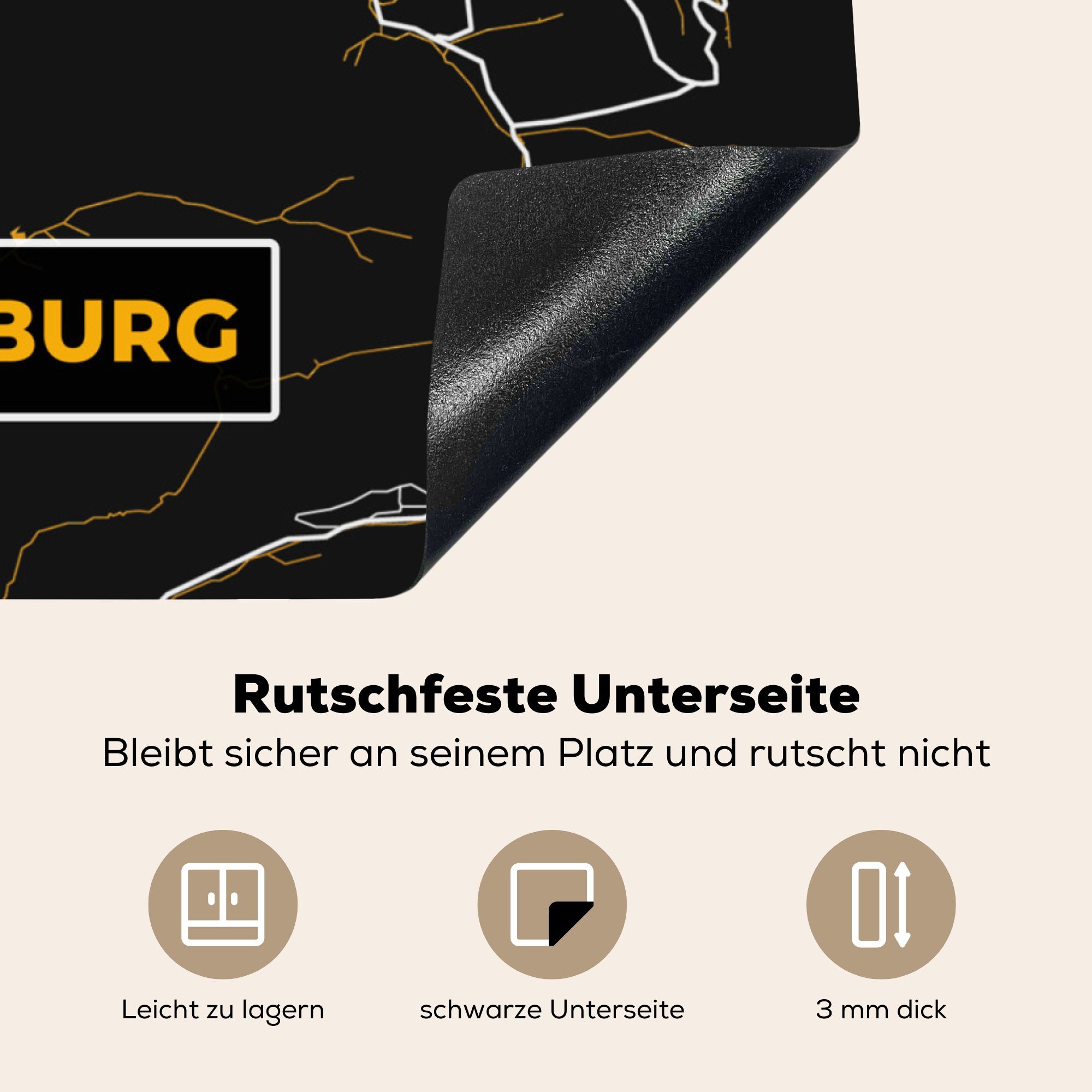 78x78 Vinyl, Gold Herdblende-/Abdeckplatte - Arbeitsplatte Aschaffenburg, - für cm, MuchoWow - (1 tlg), Stadtplan Deutschland küche - Karte Ceranfeldabdeckung,