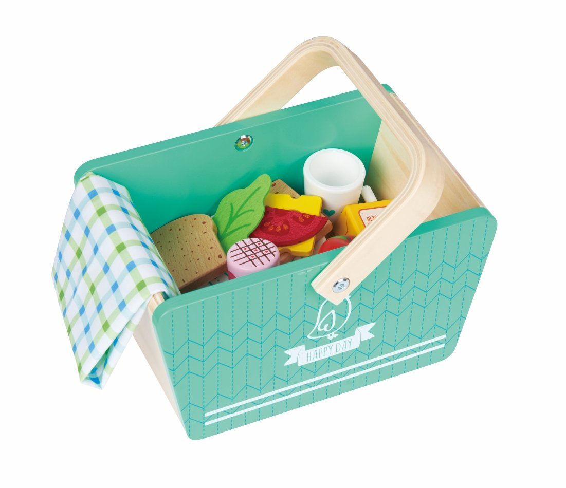 Lelin Lernspielzeug 40203 Holz Picknickset mit viel Zubehör, Decke und Korb - 26 teilig