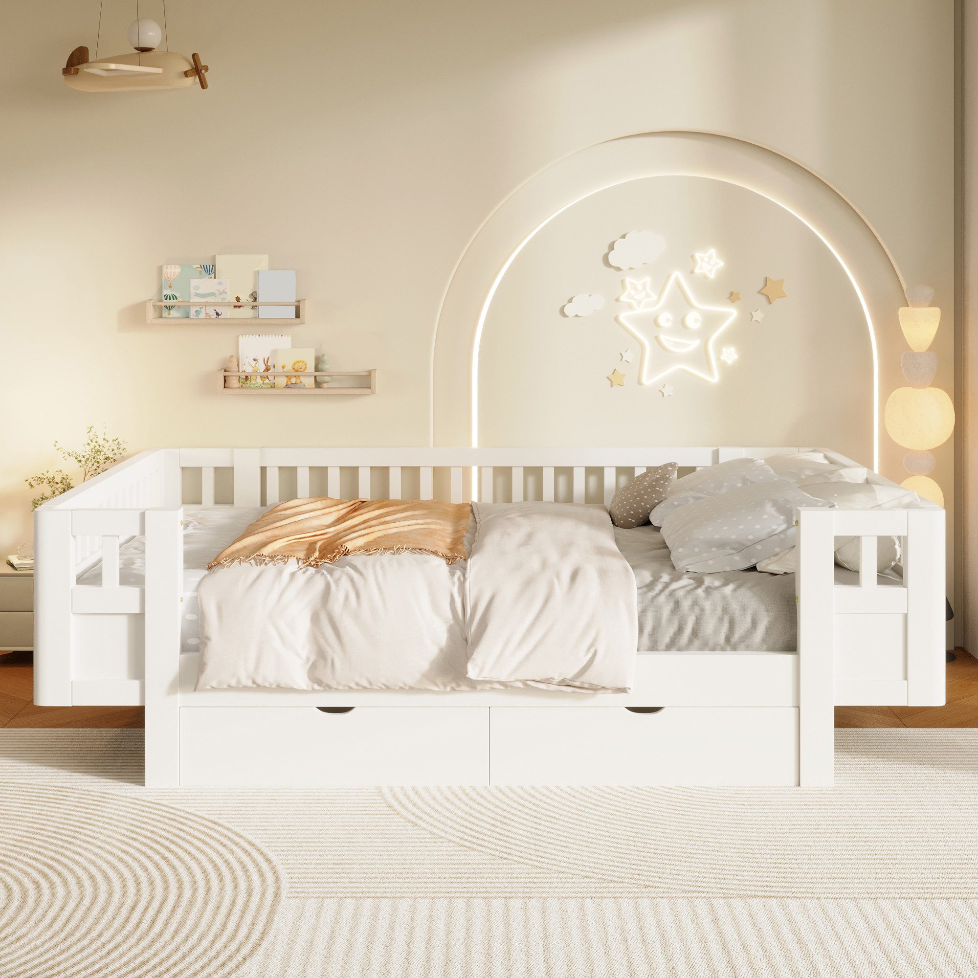 STILVORA Stauraumbett 140×200 mit Stauraum Plattformbett Funktionbett, ohne Matratze (Einzelbett, Massivholz, 2 Schubladen, Schutzgitter, hohe Absturzsicherung, 2 Auszüge, stabil), Für Kinderzimmer, Jugendzimmer, Gästezimmer