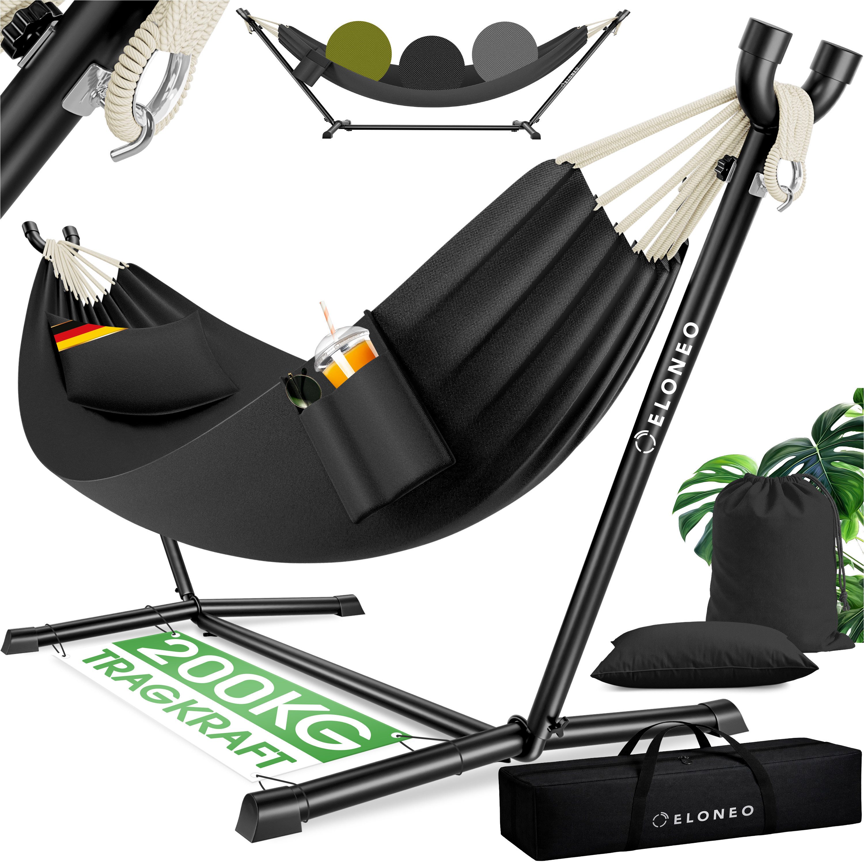 ELONEO Hängematte mit Gestell – Komfort & Flexibilität für Garten, Terrasse und Camping, belastbar bis 200kg, inkl. Kopfkissen und Tragetasche