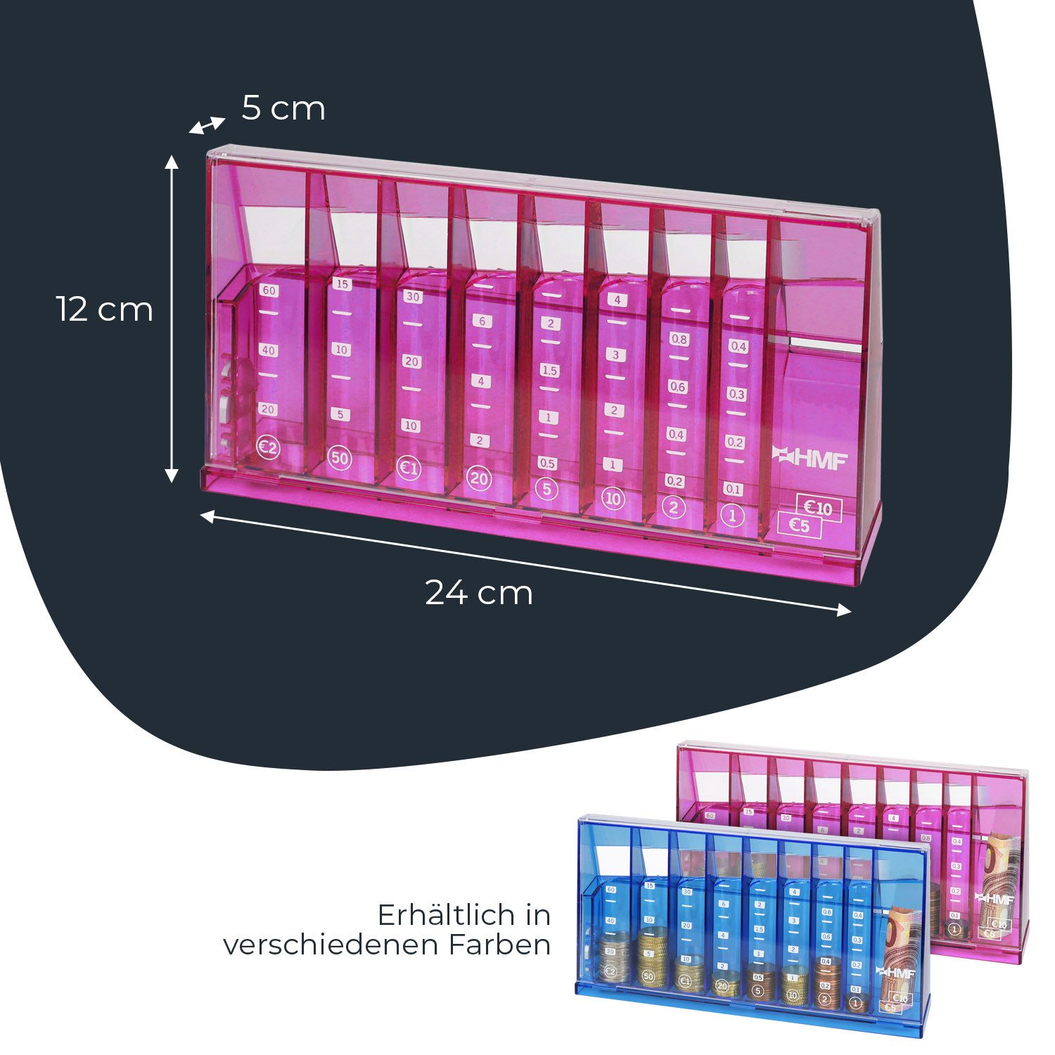 HMF Spardose Münzzähler mit automatischer Sortierung zur Kleingeld Aufbewahrung, Münzsortierer mit Werteskala als Spardose Kinder, 24 x 12 x 5 cm Pink – Bild 5 von 5