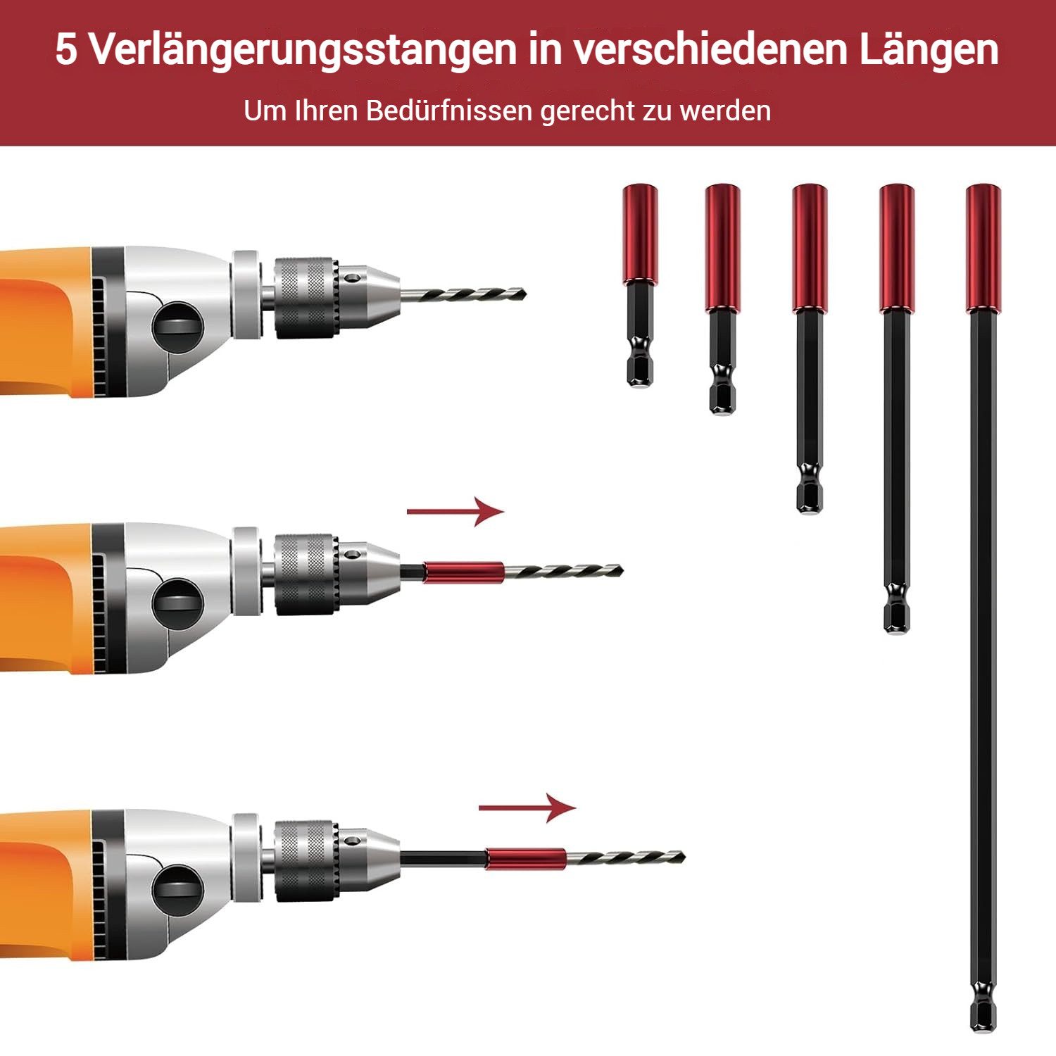 PRIISF Bit-Set 5er Bithalter 1/4" 50, 60, 100, 150, 300mm Verlängerung magnetisch, Universalhalter Bit Halter Schnellspannend Adapter Verlängerung, Magnetischer Langer Sechskantschaft Impact Bithalter, für Bohrmaschine Schraubendreher Windschraube Gewindeschraube