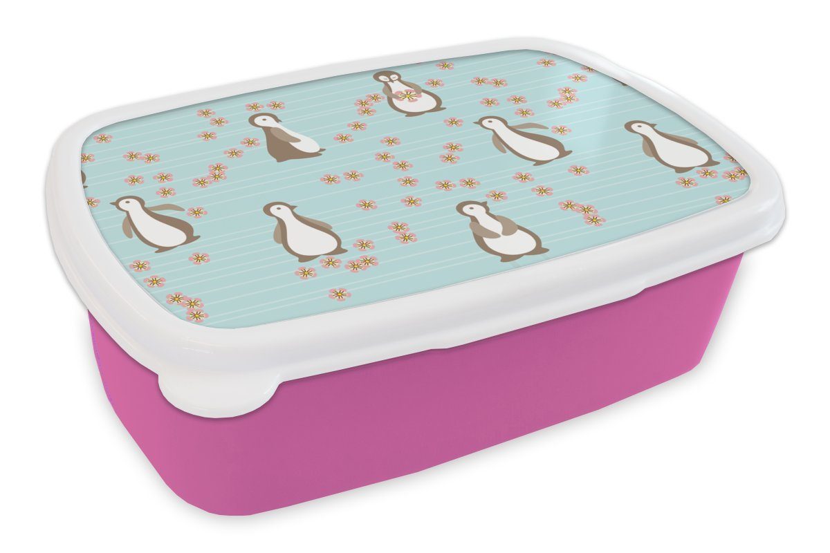 MuchoWow Lunchbox Blumen - Gestaltung - Pinguin, Kunststoff, (2-tlg), Brotbox für Erwachsene, Brotdose Kinder, Snackbox, Mädchen, Kunststoff rosa