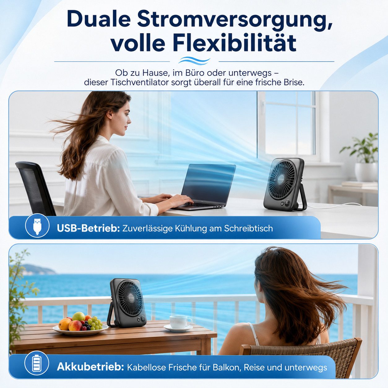 MOPUEA Tischventilator Ventilator Camping Tragbar, Ventilator Tisch mit LED-Display, 180° Klappbarer USB Lüfter Klein für Büro, Schlafzimmer, Reisen