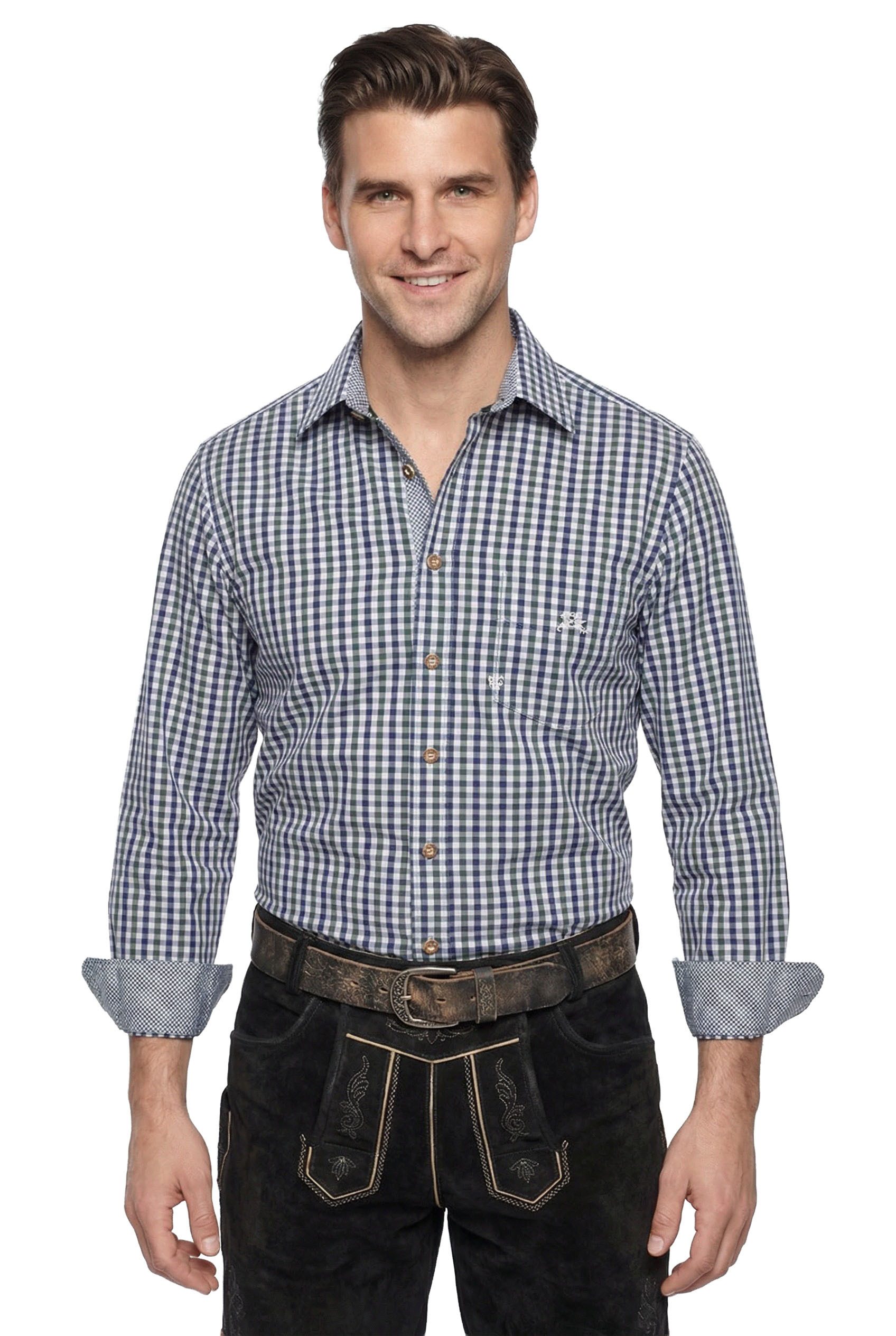 Moschen-Bayern Trachtenhemd Trachtenhemd SLIM FIT Herren kariert Karo Wiesnhemd Langarm Blau Grün