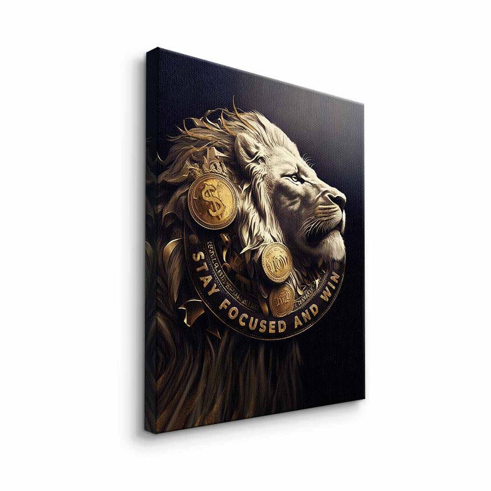 DOTCOMCANVAS® Leinwandbild, Premium Motivationsbild - Lion Focused - Stay schwarzer - Rahmen Money Win and