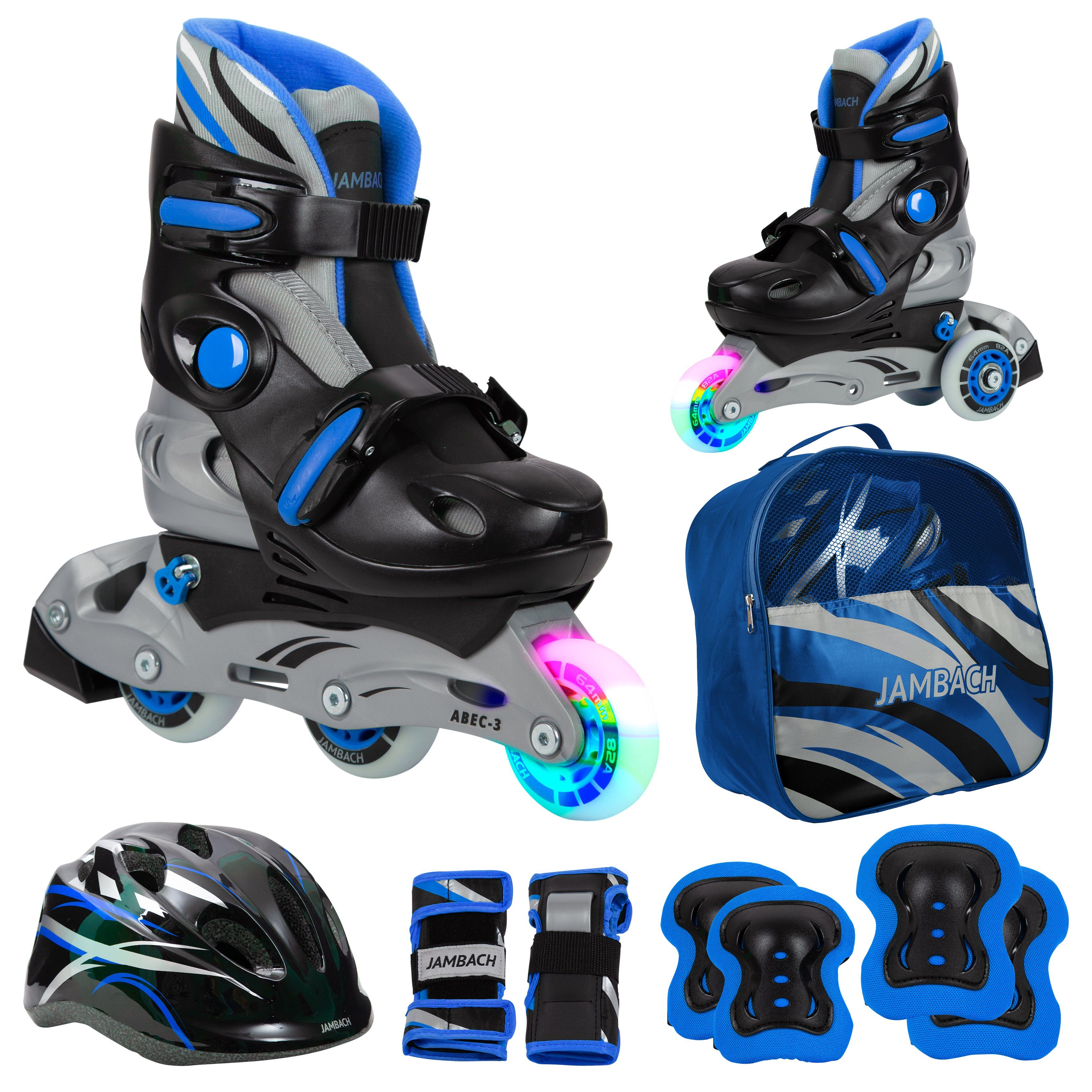 JAMBACH Inlineskates, (Set, Inliner, Protektoren, Umbau-Set, Tasche), verstellbare Größe blinkende Rolle Einsteiger Set