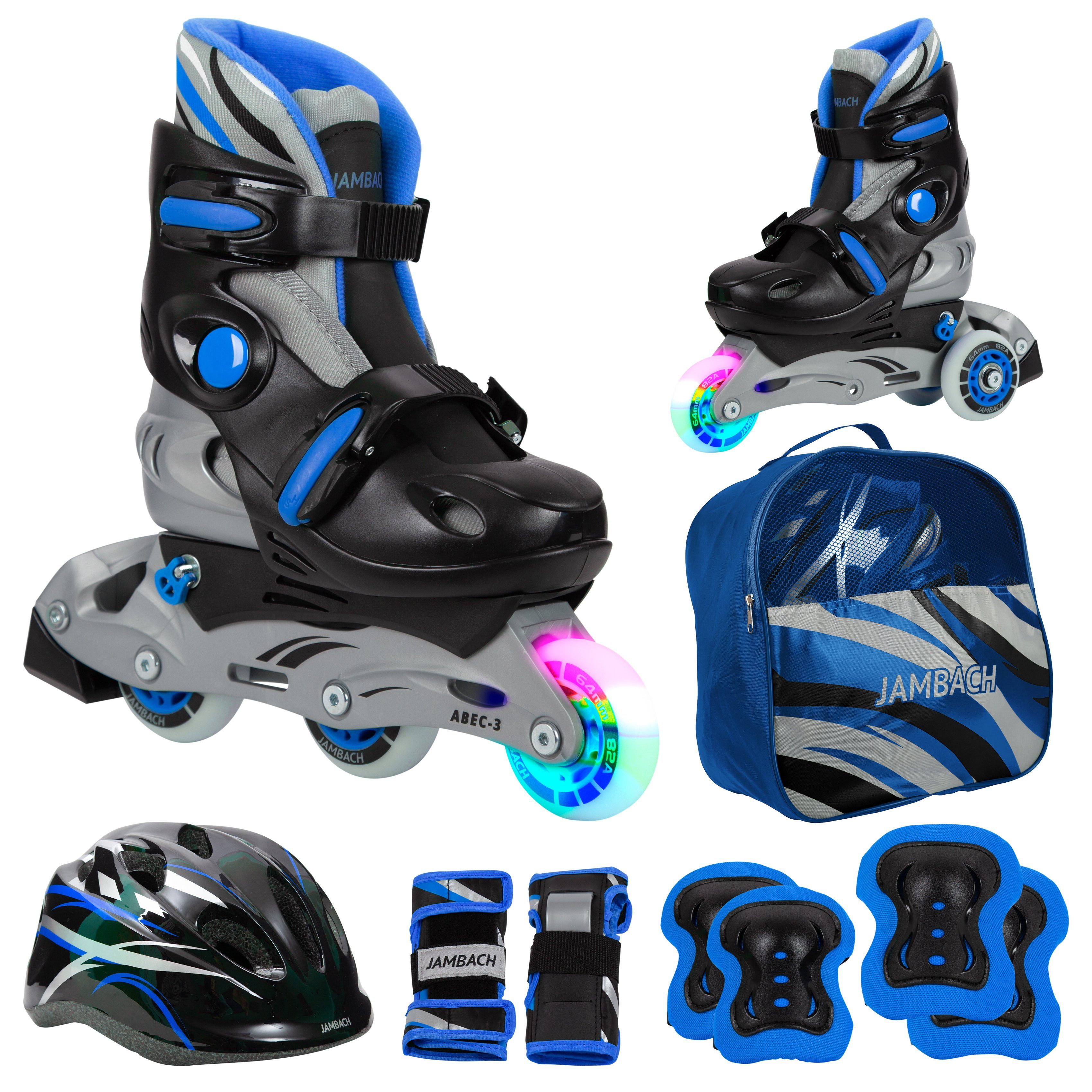 JAMBACH Inlineskates, Rolle Inliner, blau Set Größe Rucksack), (Set, verstellbare Helm, Protektoren, Einsteiger blinkende