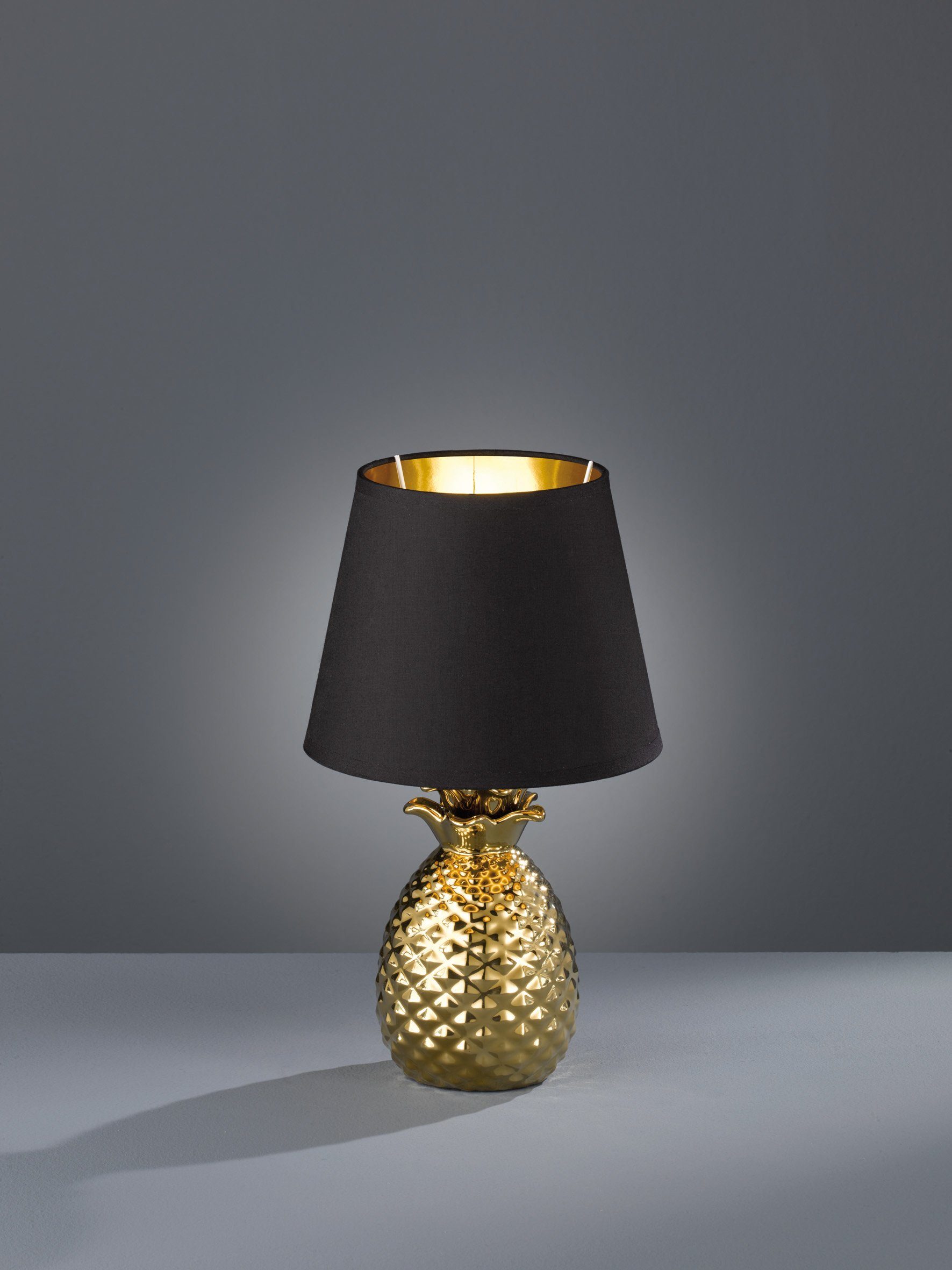 TRIO Leuchten Schreibtischlampe Pineapple, ohne wechselbar Ananas Leuchtmittel Leuchtmittel, schwarz/gold, Stoffschirm gold, Form
