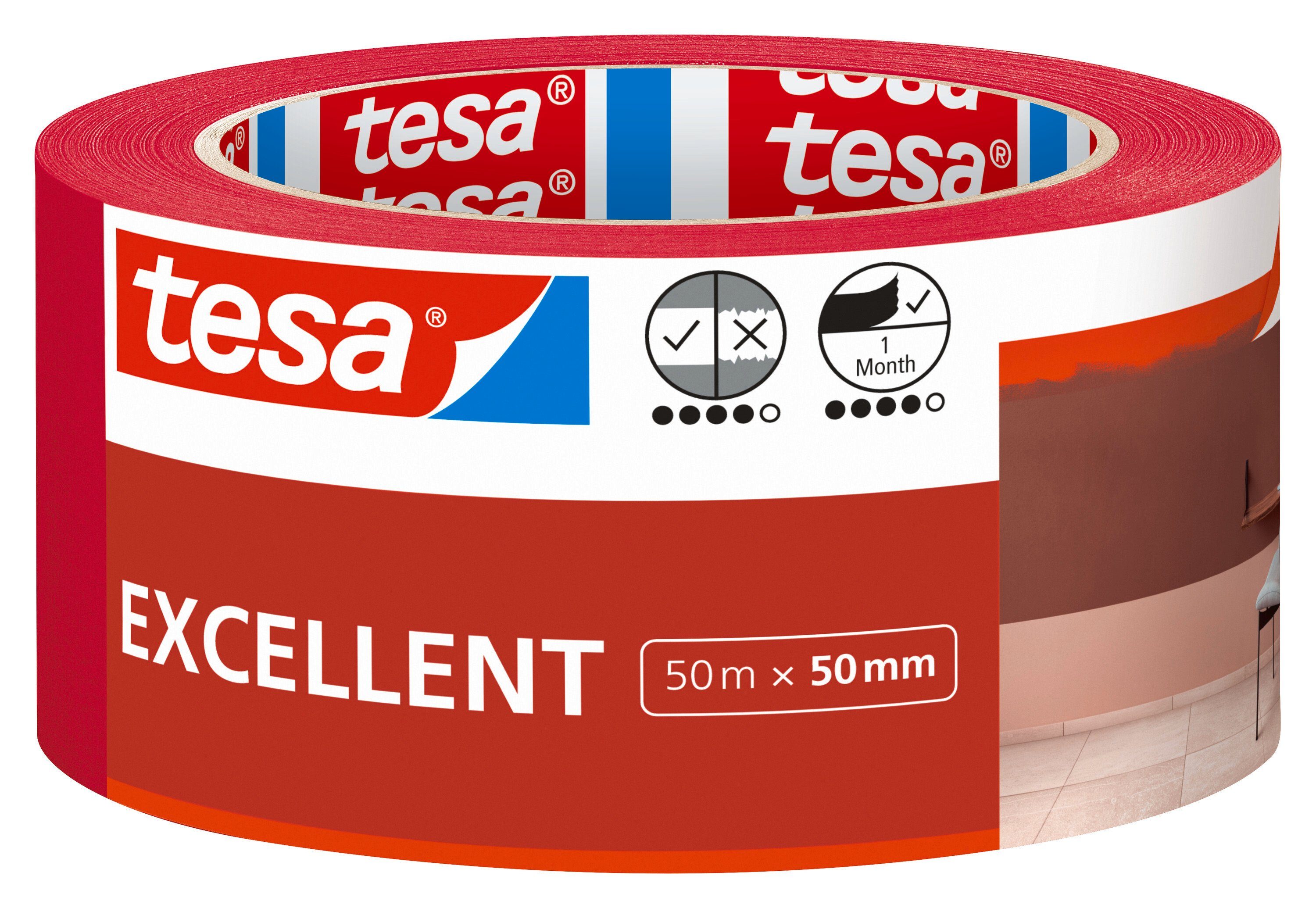tesa Kreppband EXCELLENT Malerband Malerkrepp für sauberes Abkleben - 50 m : 50 mm (Packung, 1-St) für Malerarbeiten im Innenbereich - rot