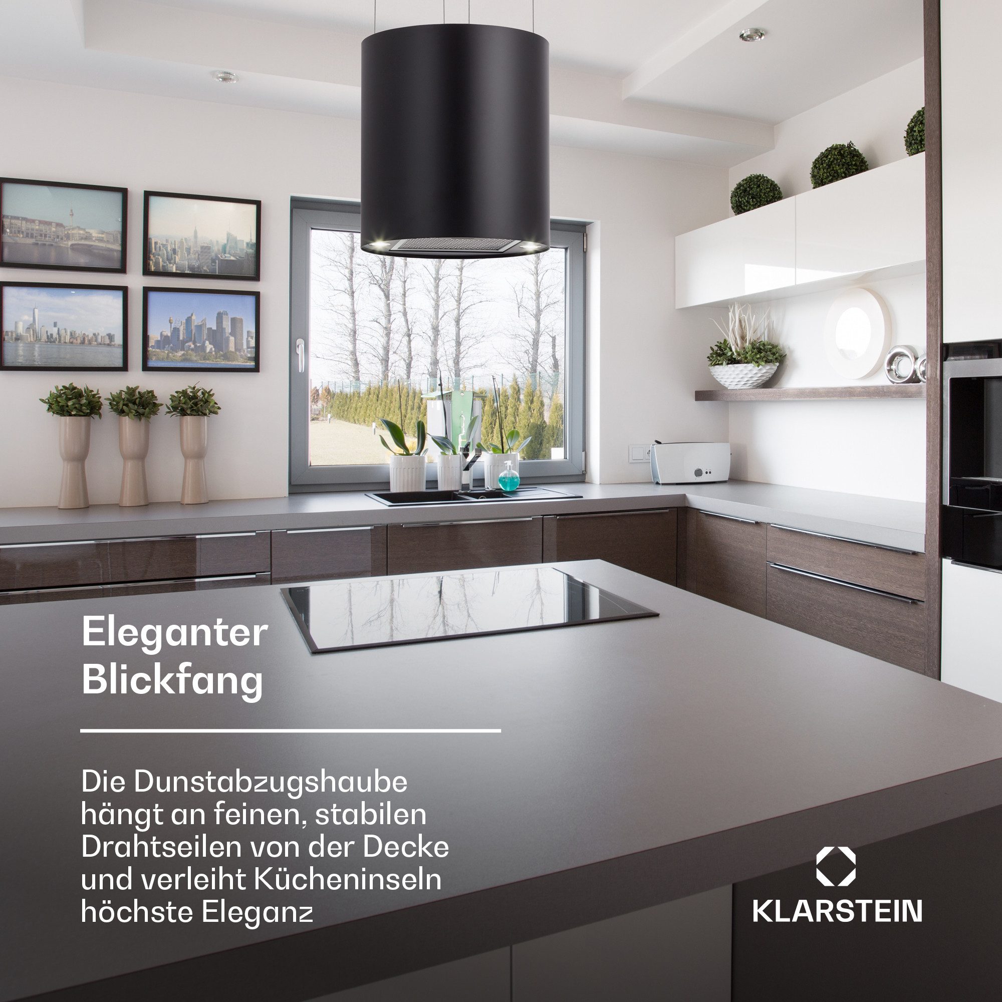 Klarstein Deckenhaube Barett Serie Barett Inselabzugshaube Ø35 cm 558 m³/h LED Edelstahl Barett, Abzugshaube Insel Abluft Umluft Haube Dunstabzug Dunstabzugshaube