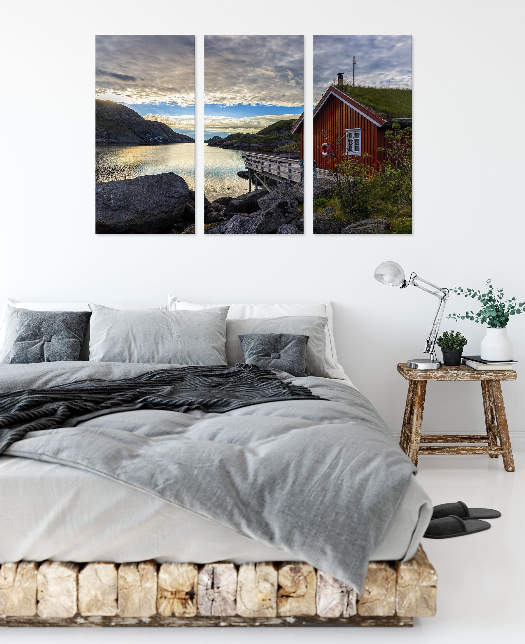 Sonnenaufgang (120x80cm) bespannt, Pixxprint 3Teiler Norwegens, Fjord Fjord Norwegens inkl. am St), fertig Leinwandbild (1 am Zackenaufhänger Sonnenaufgang Leinwandbild