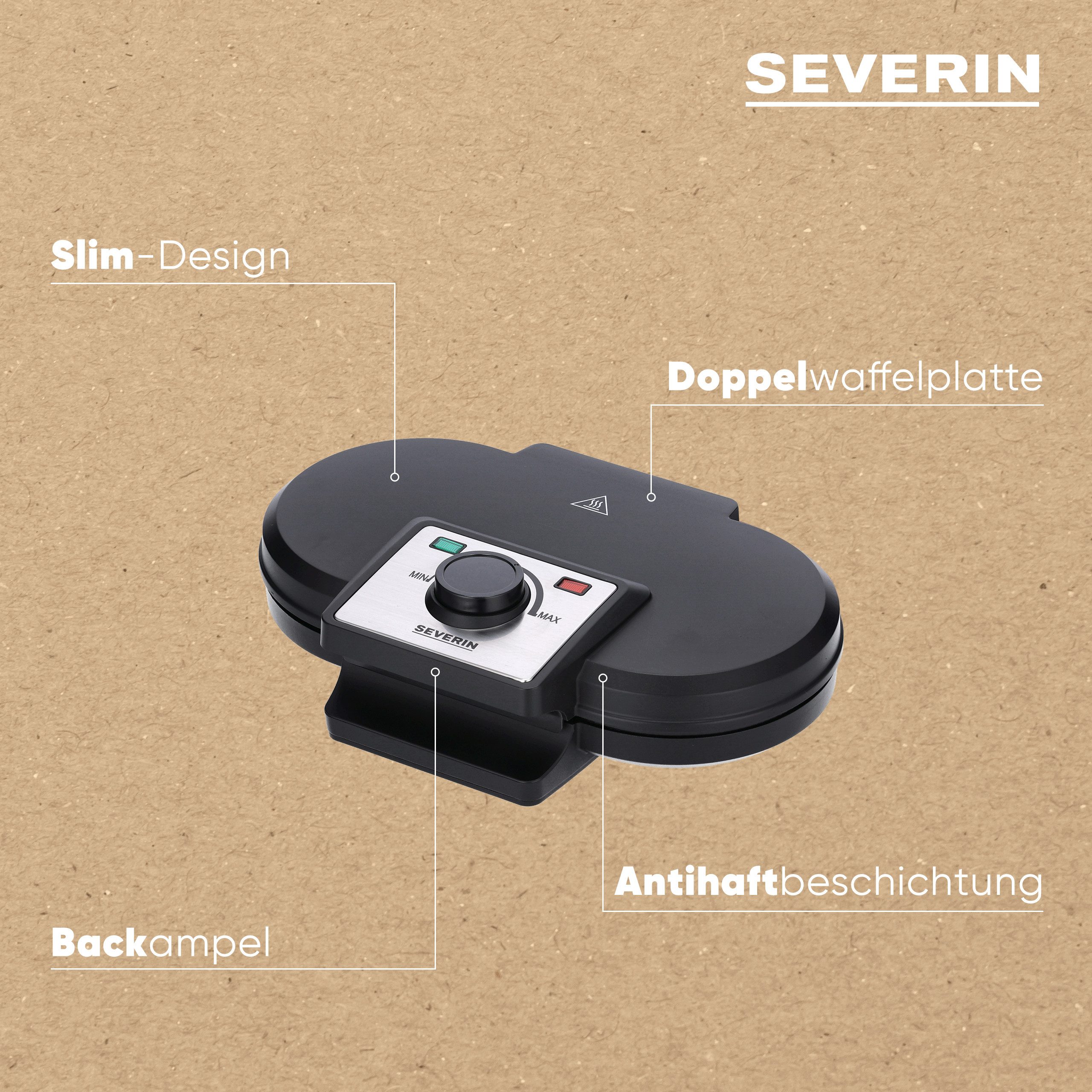 Severin Waffeleisen WA 2106, 1200 W, Doppelwaffelplatte, inkl. Backampel, einstellbarer Temperaturregler