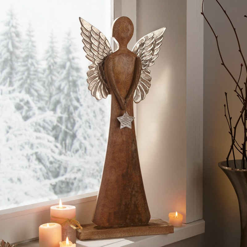 Dekoleidenschaft Engelfigur "Silver Star" aus Mangoholz & Metall 62 cm hoch, große Dekofigur Engel, Weihnachtsdeko aus Holz, Engelsfigur, Weihnachtsfigur, Dekoengel