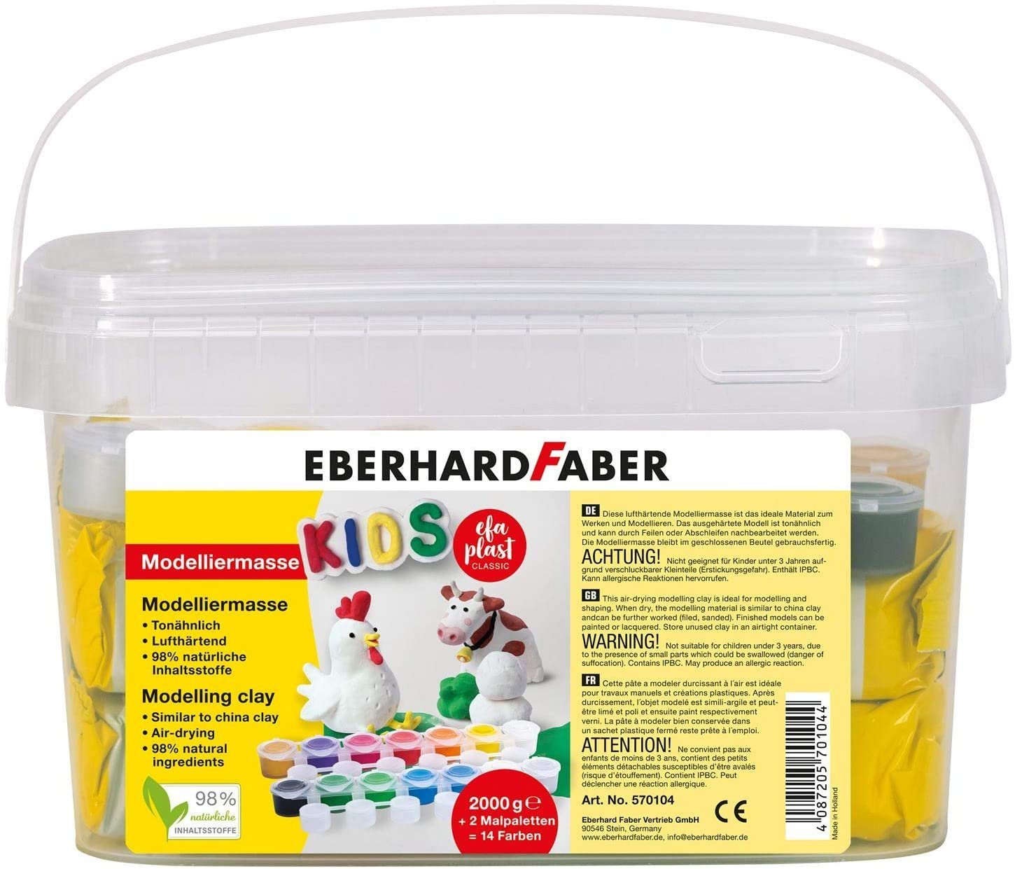 Eberhard Faber Глина EFA PLAST classic Kids 2kg weiß im Eimer inkl. 14 Цвета (Spar-Set), Ideal für Ostern zum Ремесло