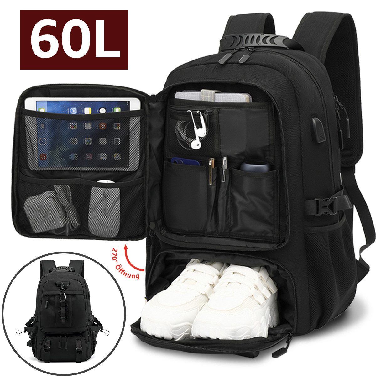 Reiserucksack Erweiterbarer Sportrucksack XL mit Schuhfach Schulrucksack