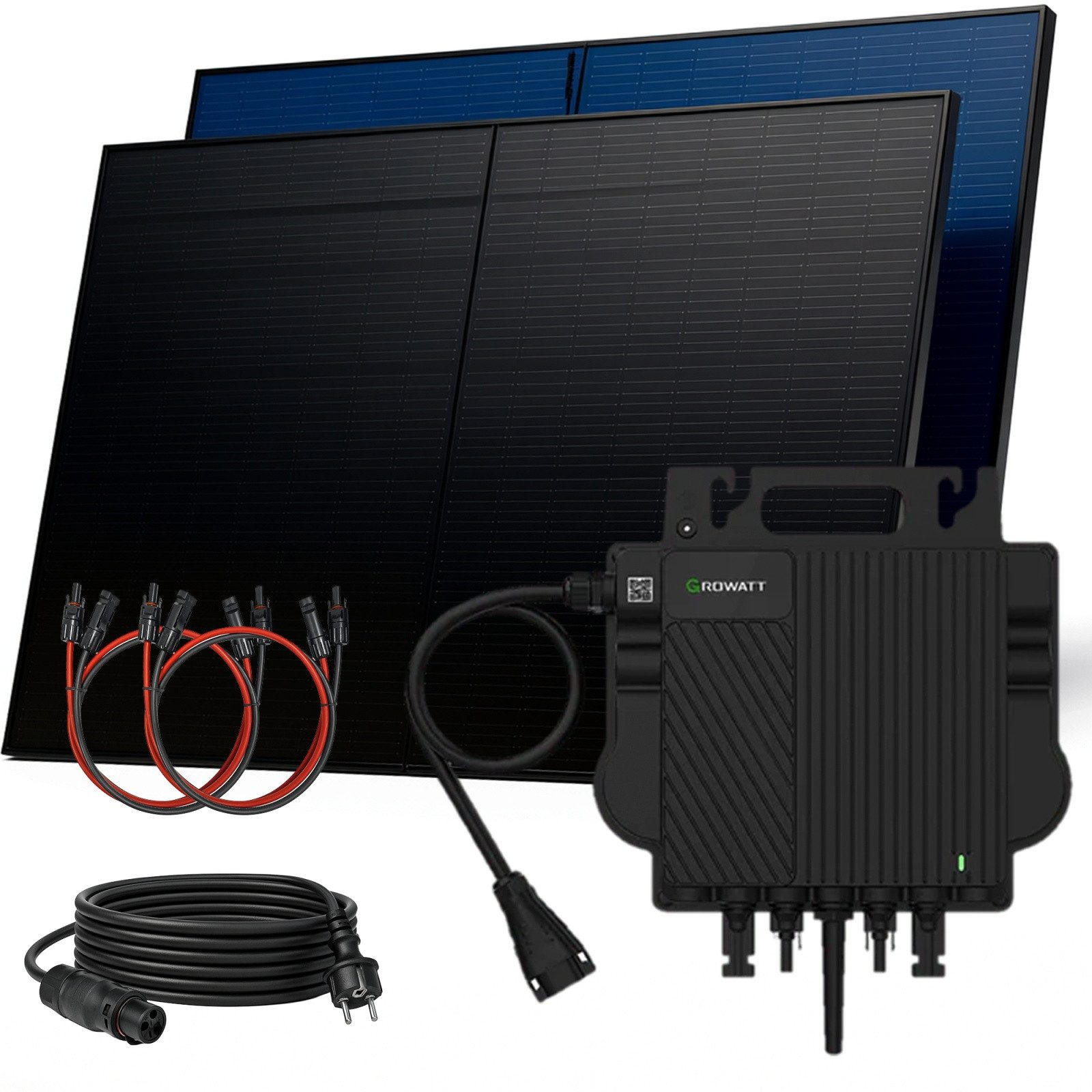 SUNNIVA Balkonkraftwerk 1000W BIFAZIAL FULLBLACK komplett Steckdose, (GROWATT NEO-800M-X 800 Watt Wechselrichter, Solaranlage Komplettset, 2x 500W N-Type Glas Bifacial Solarmodule, 5m Kabel)