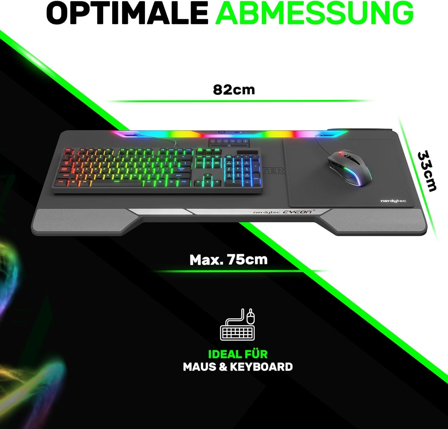 COUCHMASTER Computertisch Lapboard³ ein vollwertiger Arbeitsplatz oder Gaming-Spot. (Board, Mauspad, USB Verlängerung (5m), Anschlusskabel (0,8m), Netzteil), 6 USB Ports, Touch, RGB LEDs, Handballenauflagen, Kabel-Management