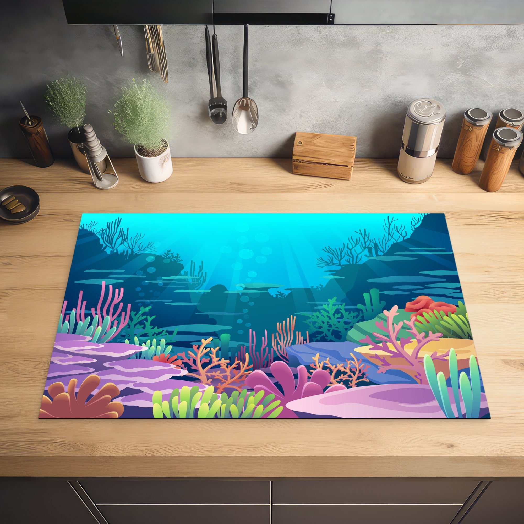 Korallen Herdblende-/Abdeckplatte - (1 Meer tlg), küche, - Unterwasserwelt - für Induktionskochfeld Vinyl, MuchoWow die Schutz Illustration, 81x52 cm, Ceranfeldabdeckung