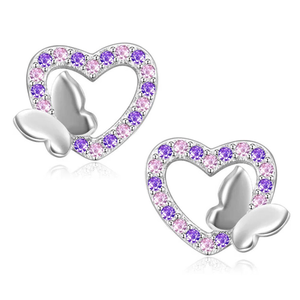 Limana Paar Ohrstecker Schmetterling 925 Silber Herz Damenohrringe Kinderohrringe Ohrringe (Inkl. Geschenkdose mit Engel Silberohrringe Echtschmuck rosa lila),  – Bild 4 von 5