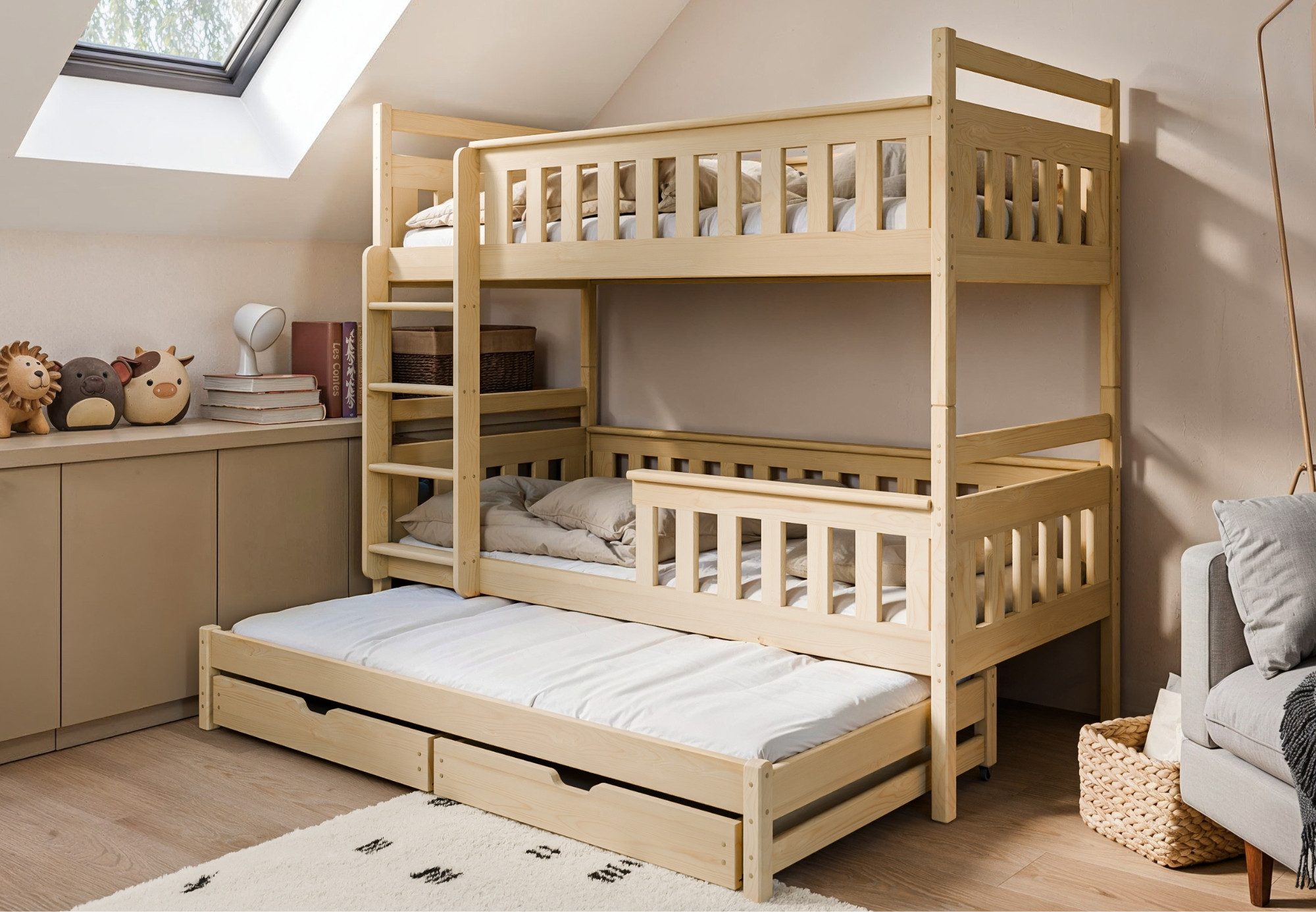 Kids Collective Hochbett 90x200 mit Ausziehbett Kinderbett mit Ausziehfunktion, zwei Schubladen Lattenrost, Rausfallschutz, umbaubar in drei Betten, natur