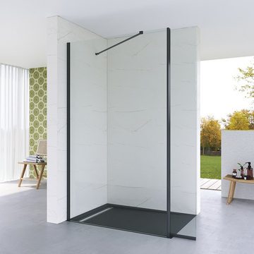 AQUALAVOS Walk-in-Dusche Duschabtrennung mit 30 cm Spritzschutz für Walk-in Dusche (80-120 cm), 8 mm Einscheibensicherheitsglas mit Nanobeschichtung, Aluminiumprofile in schwarz matt, Montage links oder rechts möglich