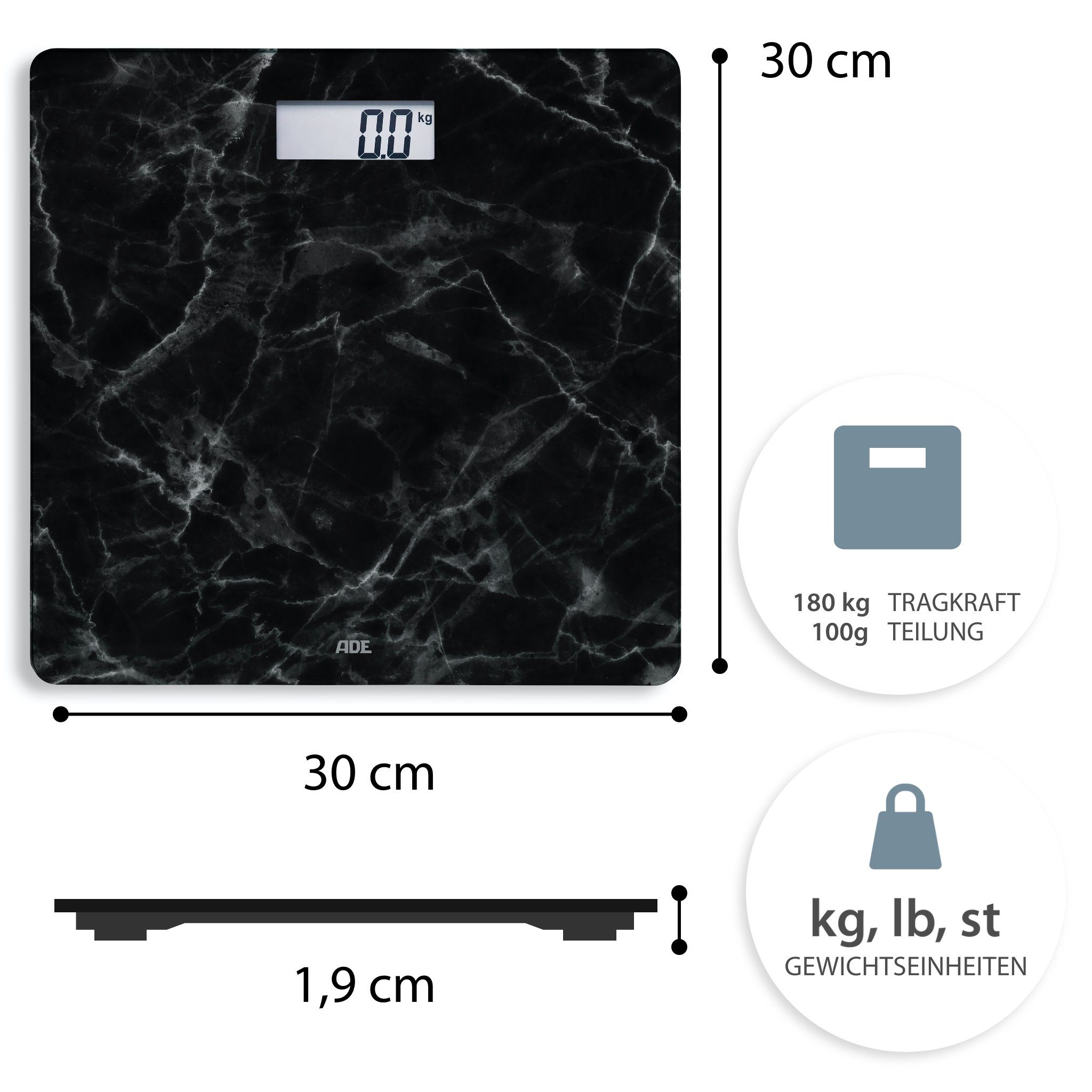 ADE Personenwaage Digitale Körperwaage mit großem Display, Wiegefläche aus Sicherheitsglas, auffällige Marmoroptik, bis 180kg