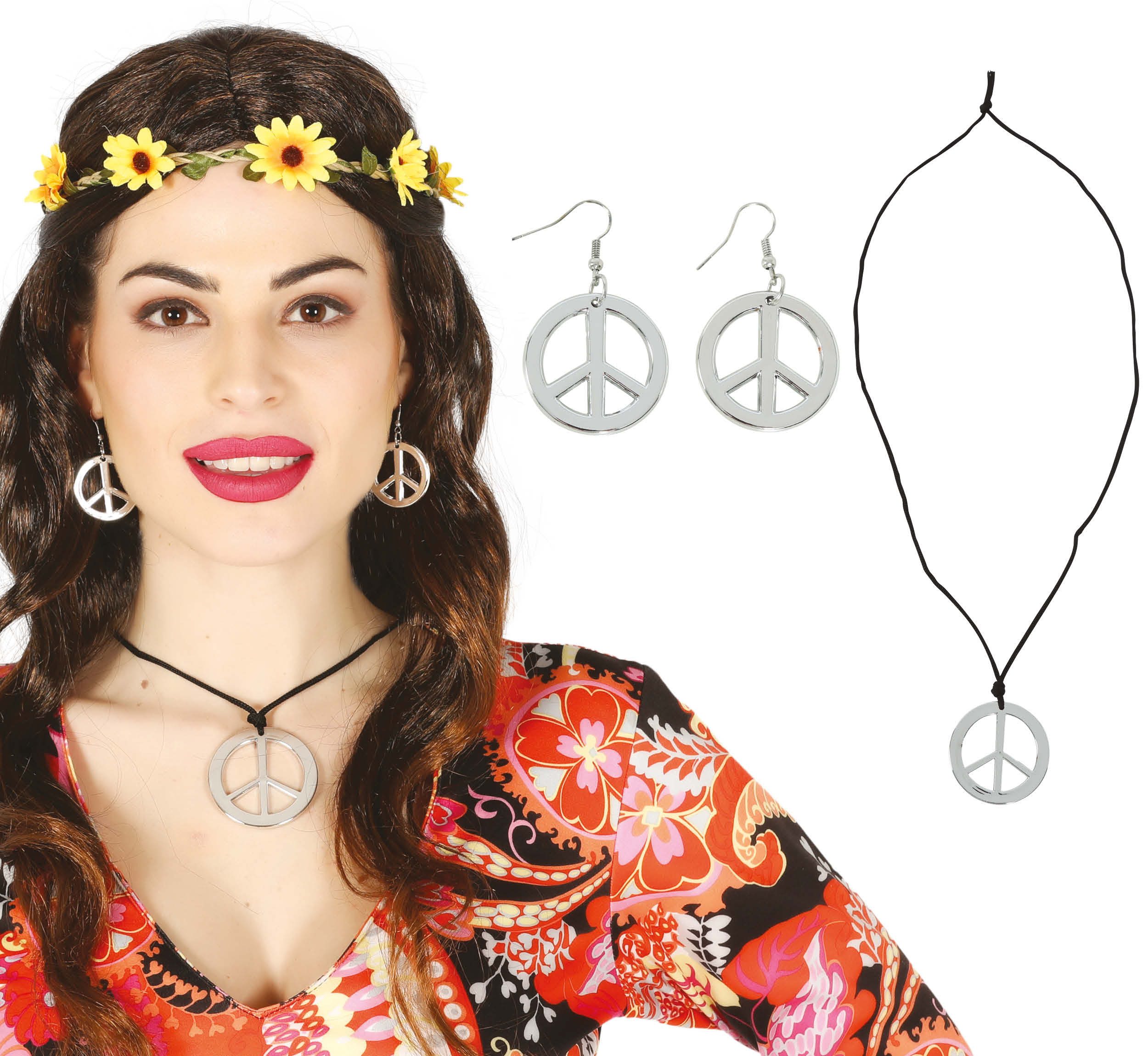 Fiestas Guirca Kostüm, Hippie 60s Schmuckset Ohrringe Halskette Retro Vintage Boho Stil für