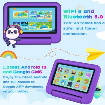 Oangcc 2024 Fur kinder Mit Wi-Fi 6 Bluetooth 5.0 GMS-Zertifizierung Tablet (7", 64 GB, Android 13, Mit Elterliche Kontrolle AR Erkennungs-Tierkarten Eva-Schutzhülle)