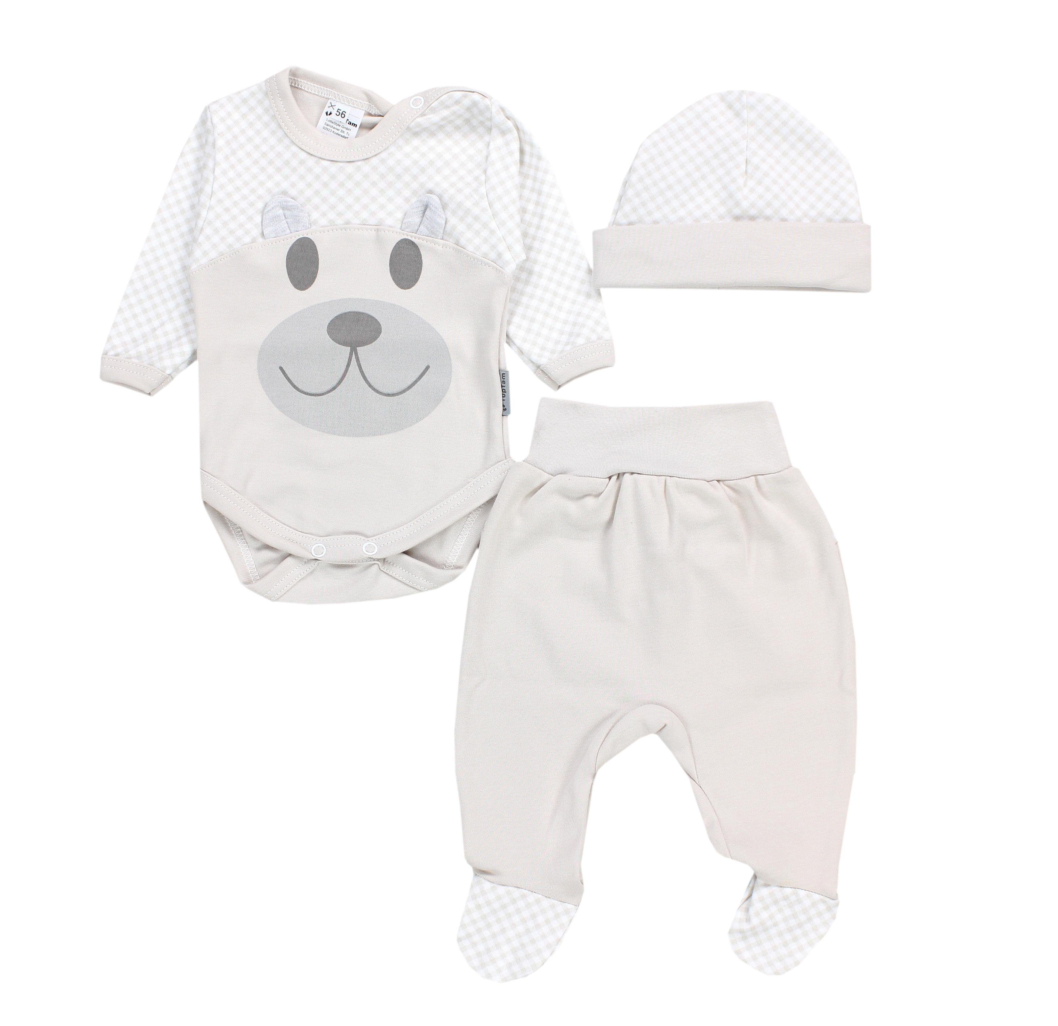 TupTam Erstausstattungspaket Baby Kleidung Set Body Strampelhose Mütze Bekleidungsset Bär / Beige