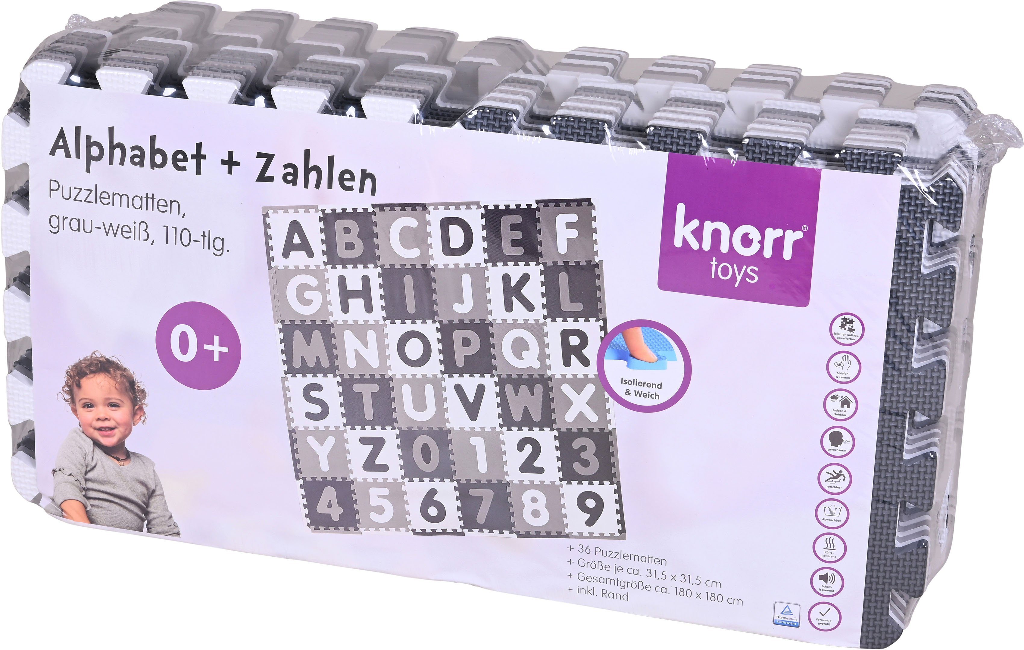Knorrtoys® Puzzle Alphabet + Bodenpuzzle grau-weiß, Zahlen, Puzzlematte, Puzzleteile