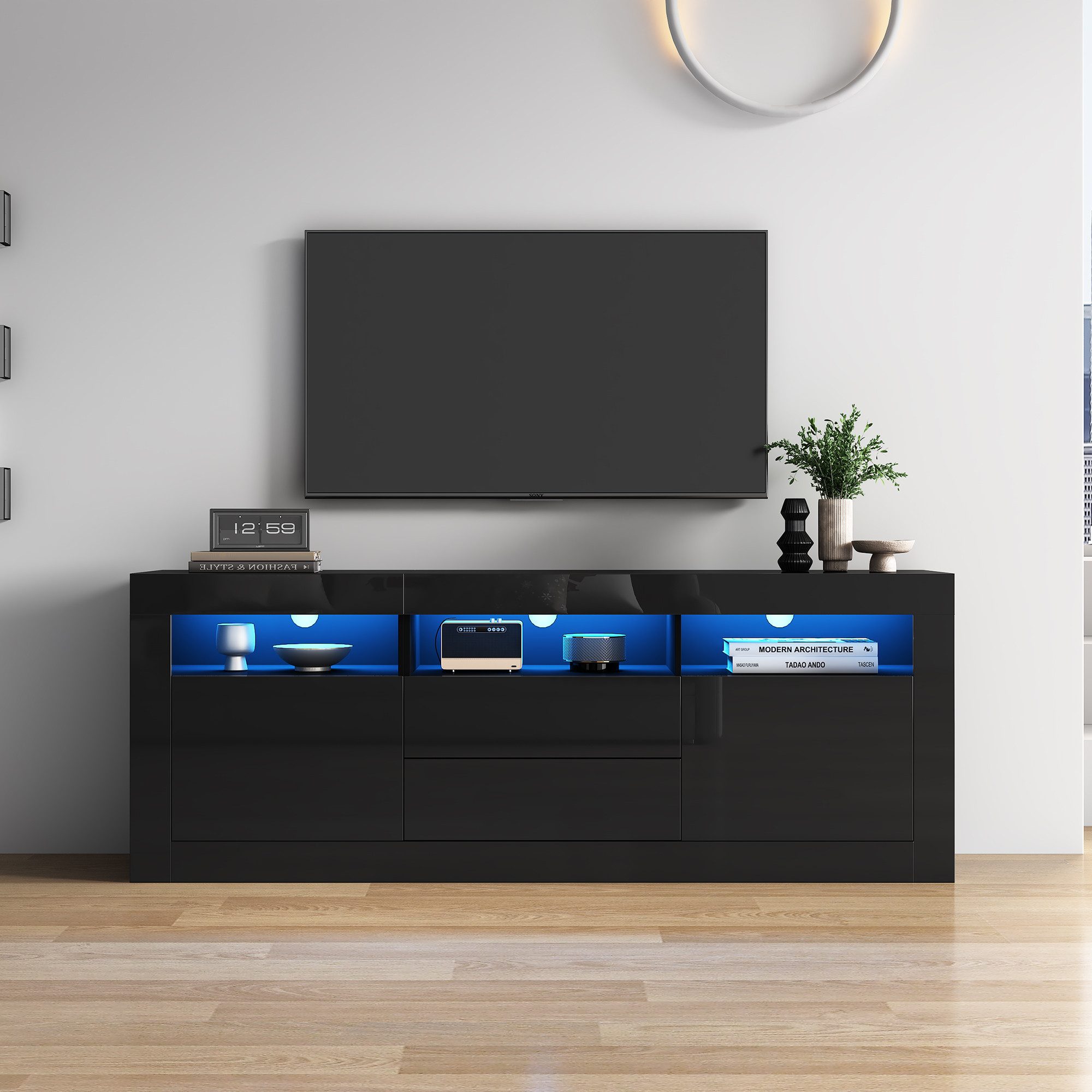 Sweiko Lowboard Hochglanz-TV-Schrank Fernsehtisch TV-Board (TV-Ständer für 70-Zoll-Fernseher 3 offenen Fächern, 2 Türen, 2 Schubladen, Smart App Steuerung 160*35*60cm)