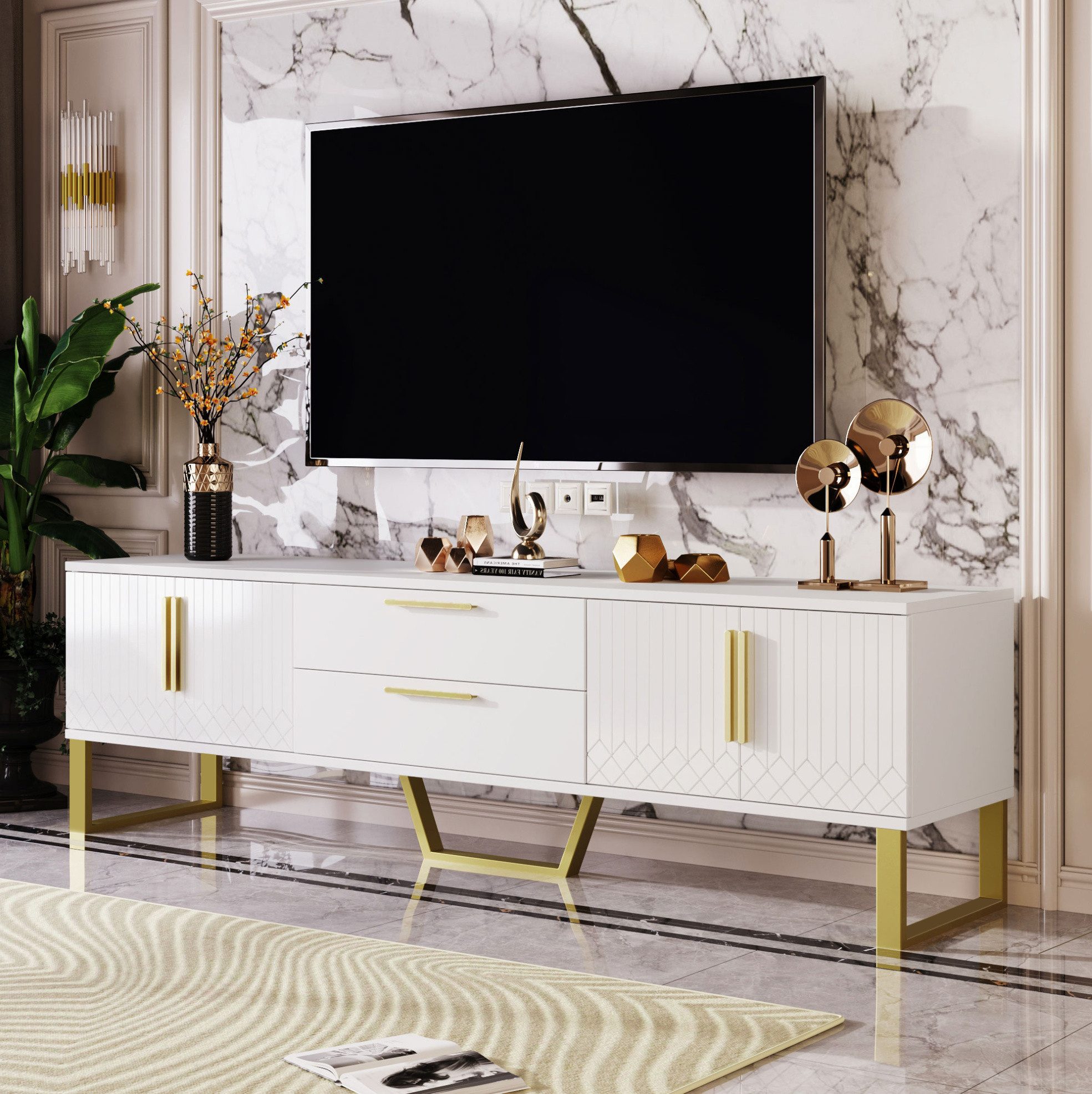 TV-Schrank Luxuriöses Lowboard mit viel Stauraum & Golddetails