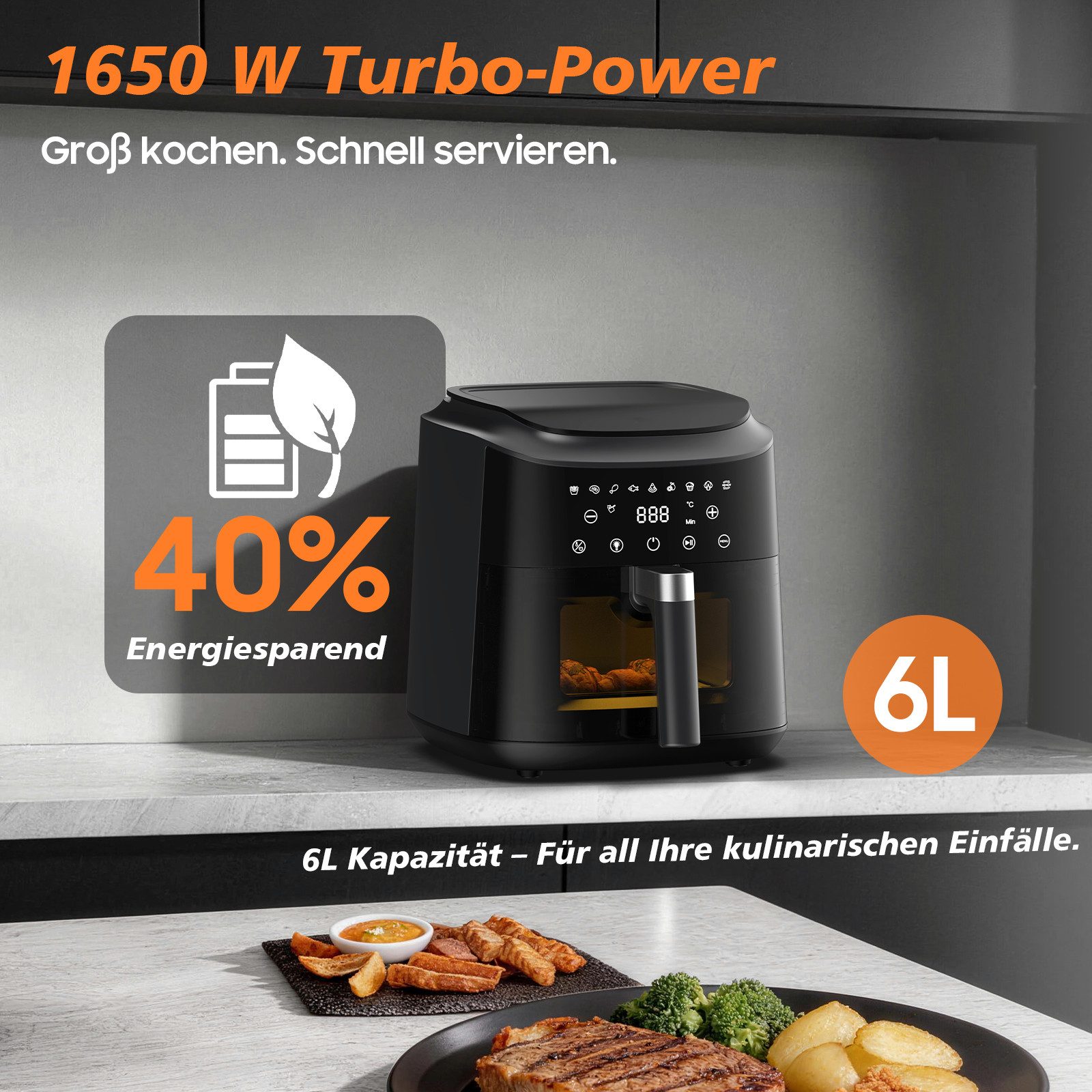AIMAX Heißluftfritteuse Airfryer 6 Liter, 9 Programme, ohne Öl, Sichtfenster, Touchdisplay, 1650 W, Innenbeleuchtung, fettarm, 360° Heißluft, spülmaschinenfest, Timer